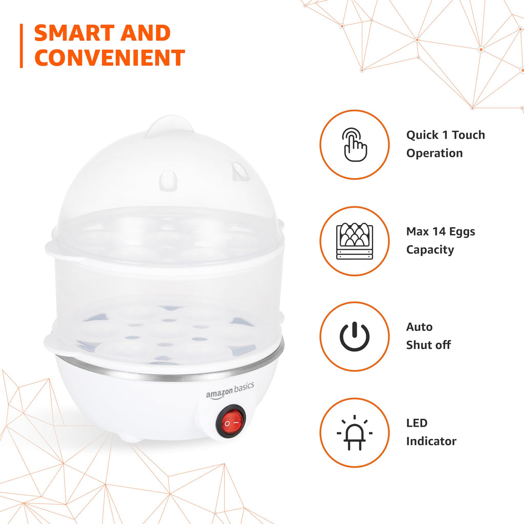 amazon basics Electric Egg Boiler | 350 Watt | Boils Upto 7 Eggs | Automatic Operation, 3 Boiling Modes | Overheat Protection | Stainless Steel Heating Plate, Measuring Cup | 75ml | Plastic | White