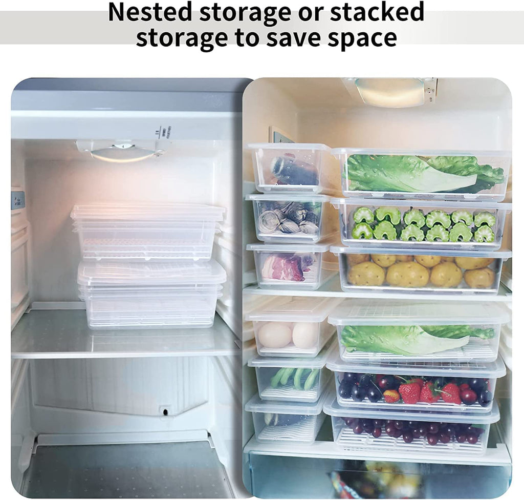 Fridge Storage Box -TEKCOOL (Pack of 6), Fridge Organiser Storage Boxes with Removable Drain Plate, Lids, Stackable Organizer, Fridge Storage Box Keep Fruits, Vegetables Fresher, 1500 ML