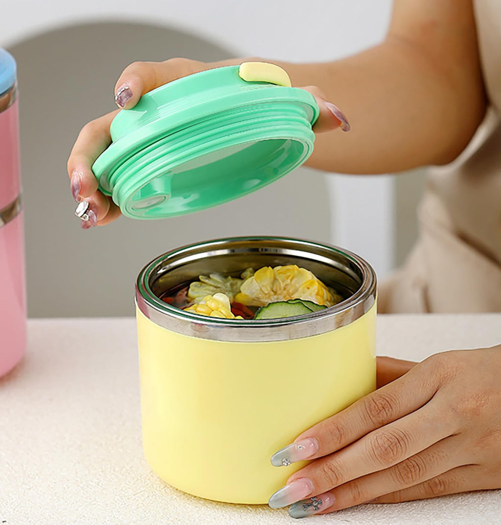 House of Quirk 304 Stainless Steel Lunch Box - 900ml Three-Layer Portable Bento Box with Lid for Office Workers & Students (Green/Yellow)