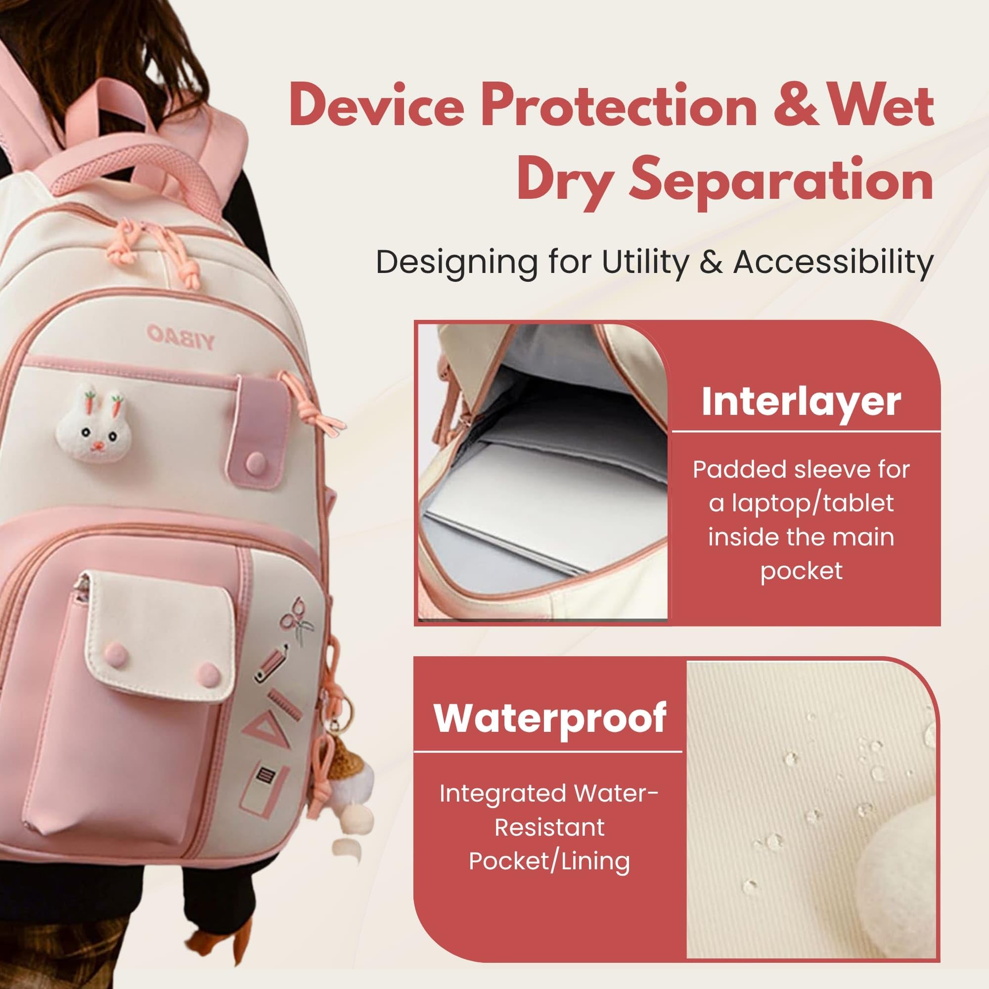 Cute School Backpack for Girls – Stylish Pink & White Large Capacity Bookbag with Plush Keychain, Multiple Pockets, Lightweight Travel & College Bag