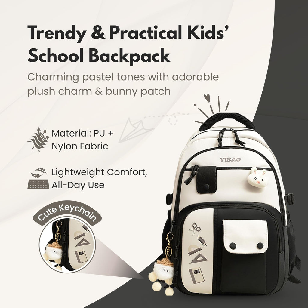 Cute School Backpack for Girls – Stylish Pink & White Large Capacity Bookbag with Plush Keychain, Multiple Pockets, Lightweight Travel & College Bag