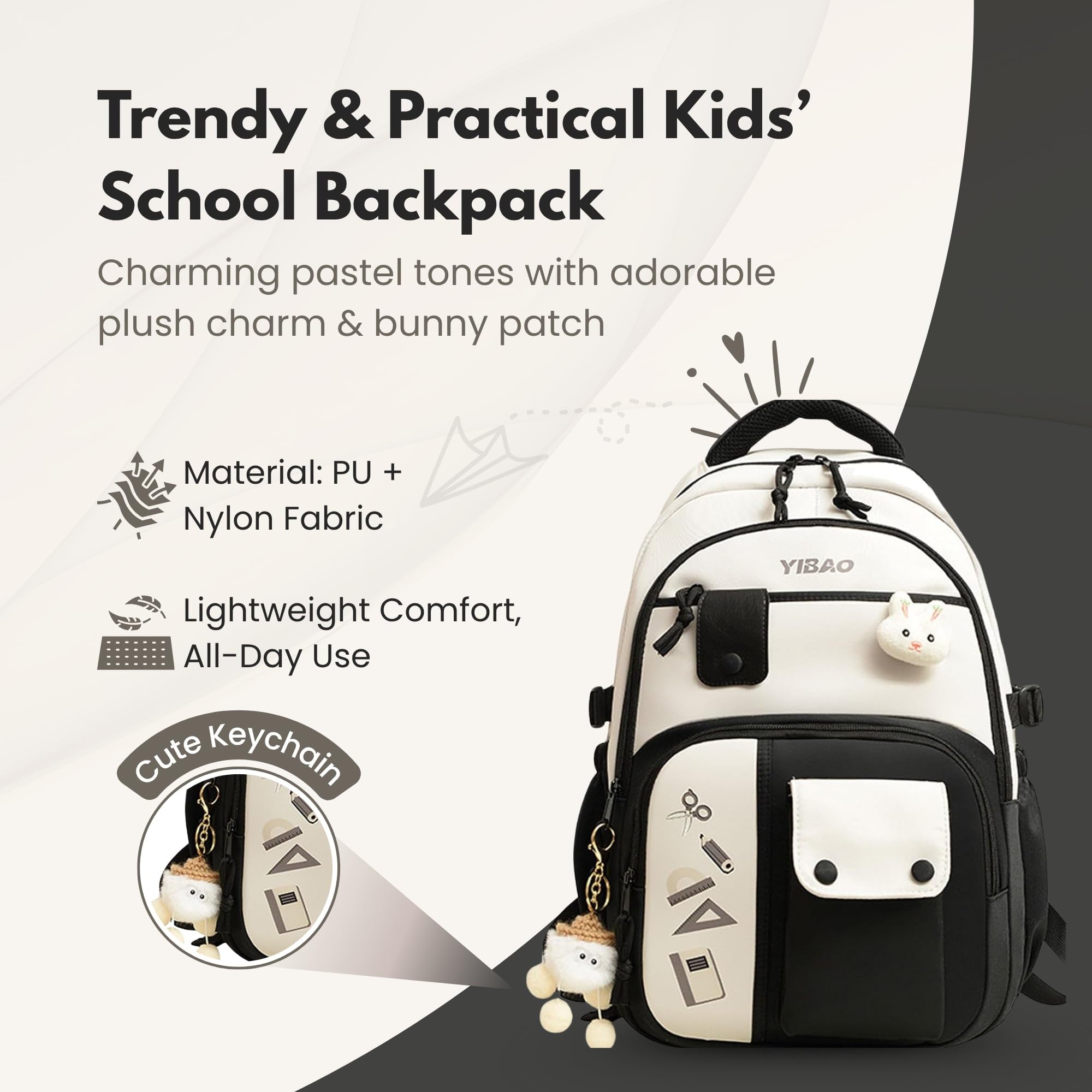 Cute School Backpack for Girls – Stylish Pink & White Large Capacity Bookbag with Plush Keychain, Multiple Pockets, Lightweight Travel & College Bag