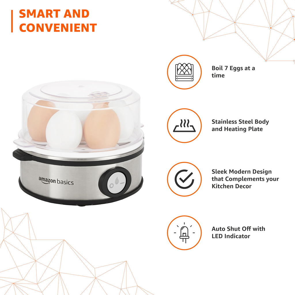 amazon basics Electric Egg Boiler | 350 Watt | Boils Upto 7 Eggs | Automatic Operation, 3 Boiling Modes | Overheat Protection | Stainless Steel Heating Plate, Measuring Cup | 75ml | Plastic | White