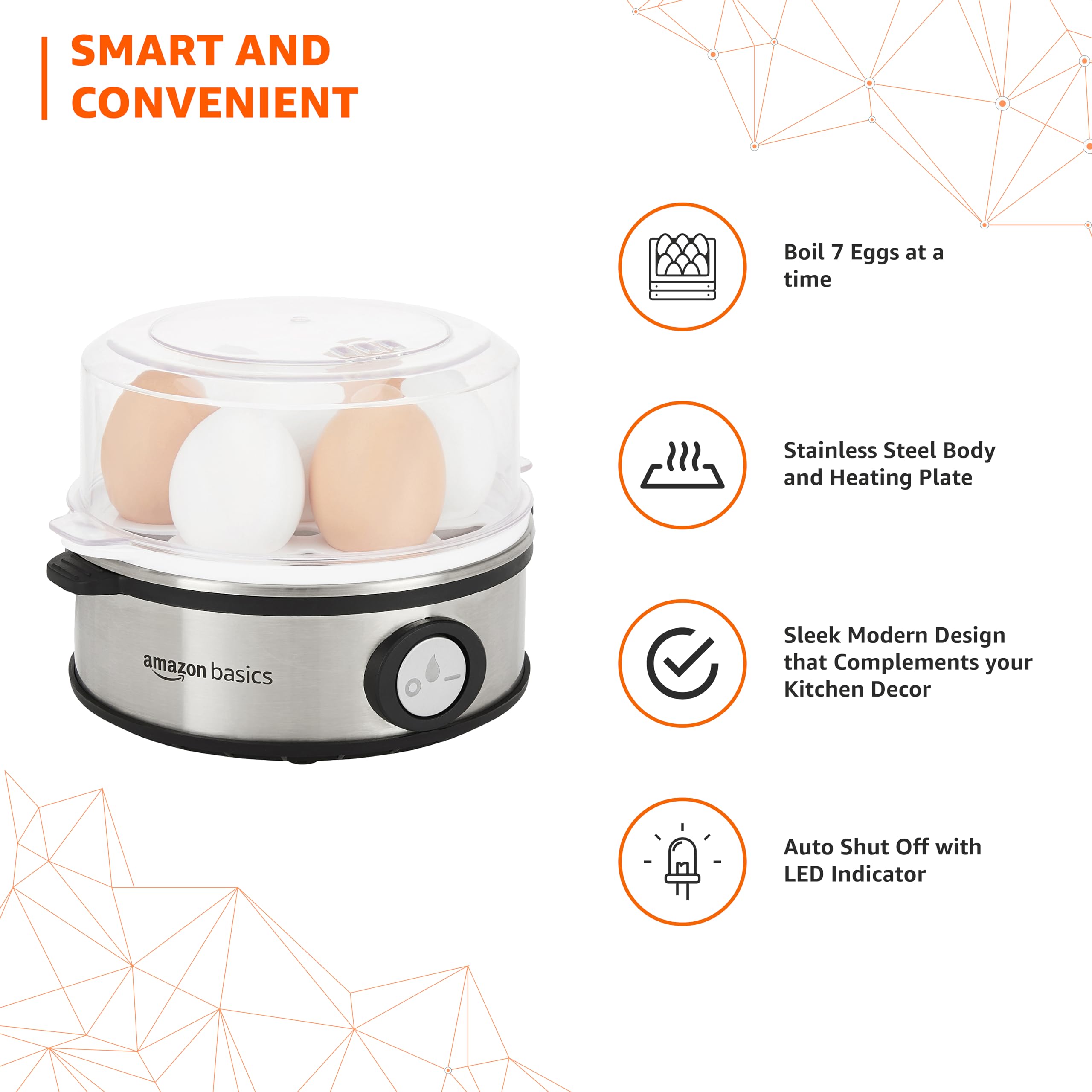 amazon basics Electric Egg Boiler | 350 Watt | Boils Upto 7 Eggs | Automatic Operation, 3 Boiling Modes | Overheat Protection | Stainless Steel Heating Plate, Measuring Cup | 75ml | Plastic | White