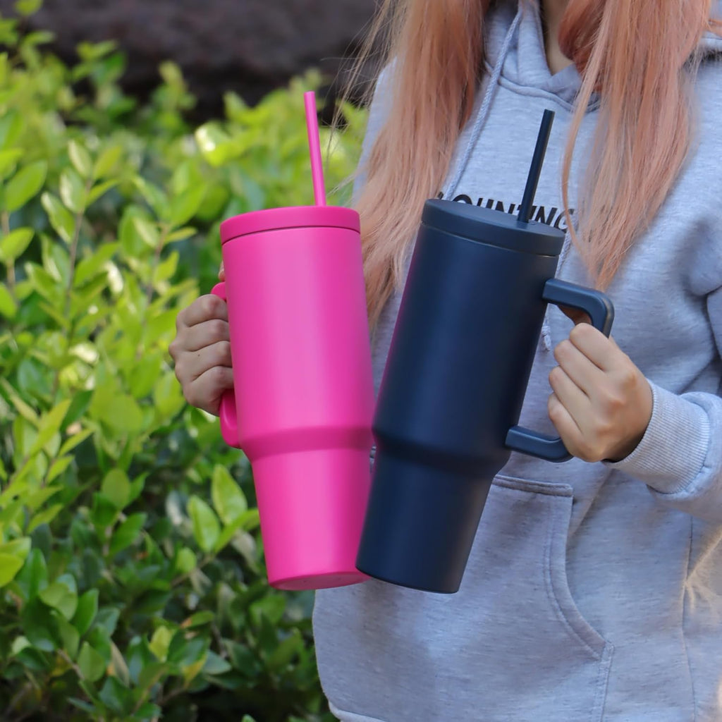 House of Quirk 1200ML Stainless Steel Tumbler with Handle & Lid, 2 Straws – Large Travel Mug Water Cup for Gym, Office & Outdoor Use (Misty Rose)