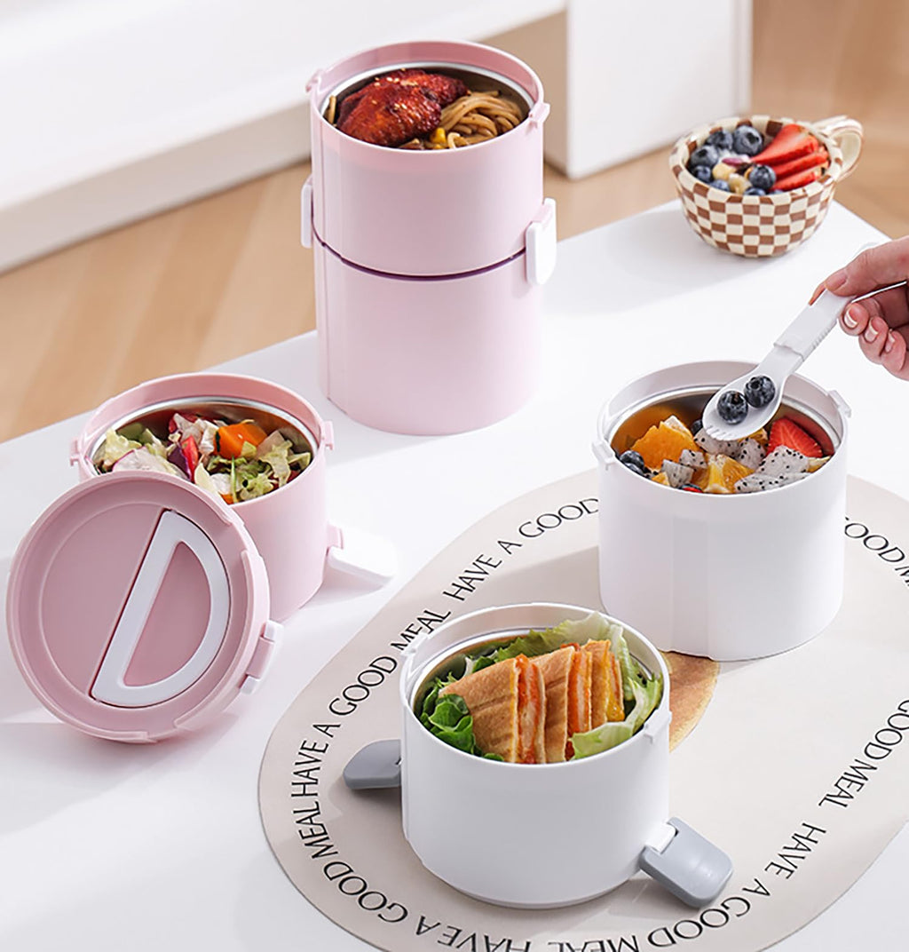 House of Quirk 304 Stainless Steel Lunch Box - 900ml Three-Layer Portable Bento Box with Lid for Office Workers & Students (Green/Yellow)