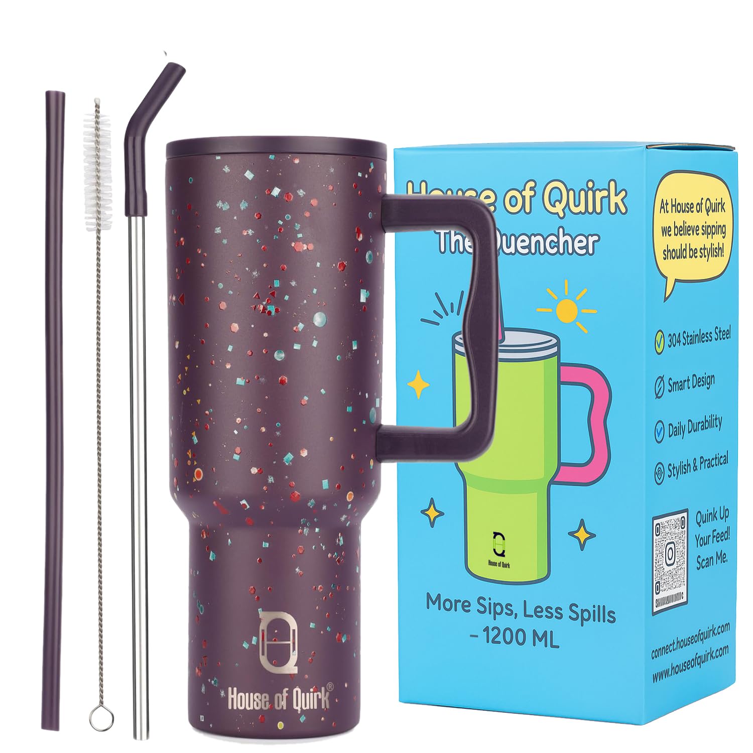 House of Quirk 1200ML Stainless Steel Tumbler with Handle & Lid, 2 Straws – Large Travel Mug Water Cup for Gym, Office & Outdoor Use (Misty Rose)