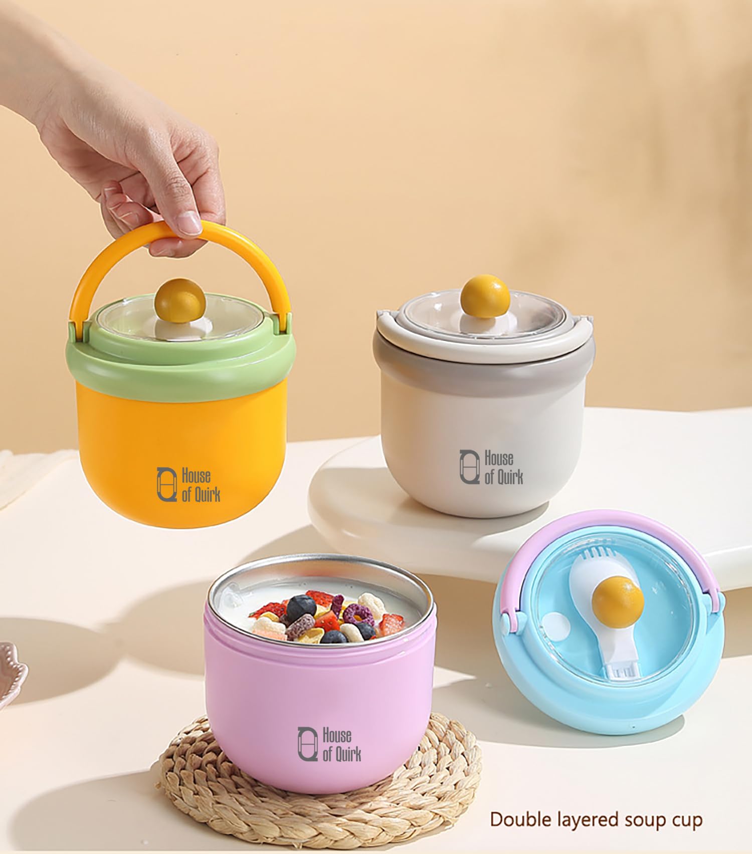 House of Quirk 304 Stainless Steel Lunch Box - 900ml Three-Layer Portable Bento Box with Lid for Office Workers & Students (Green/Yellow)