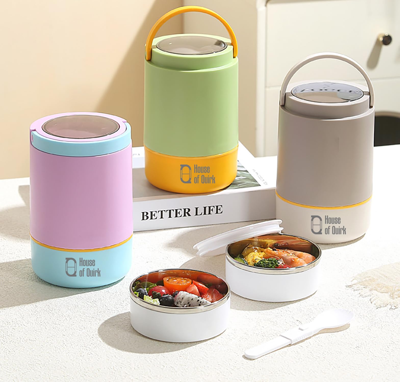 House of Quirk 304 Stainless Steel Lunch Box - 900ml Three-Layer Portable Bento Box with Lid for Office Workers & Students (Green/Yellow)