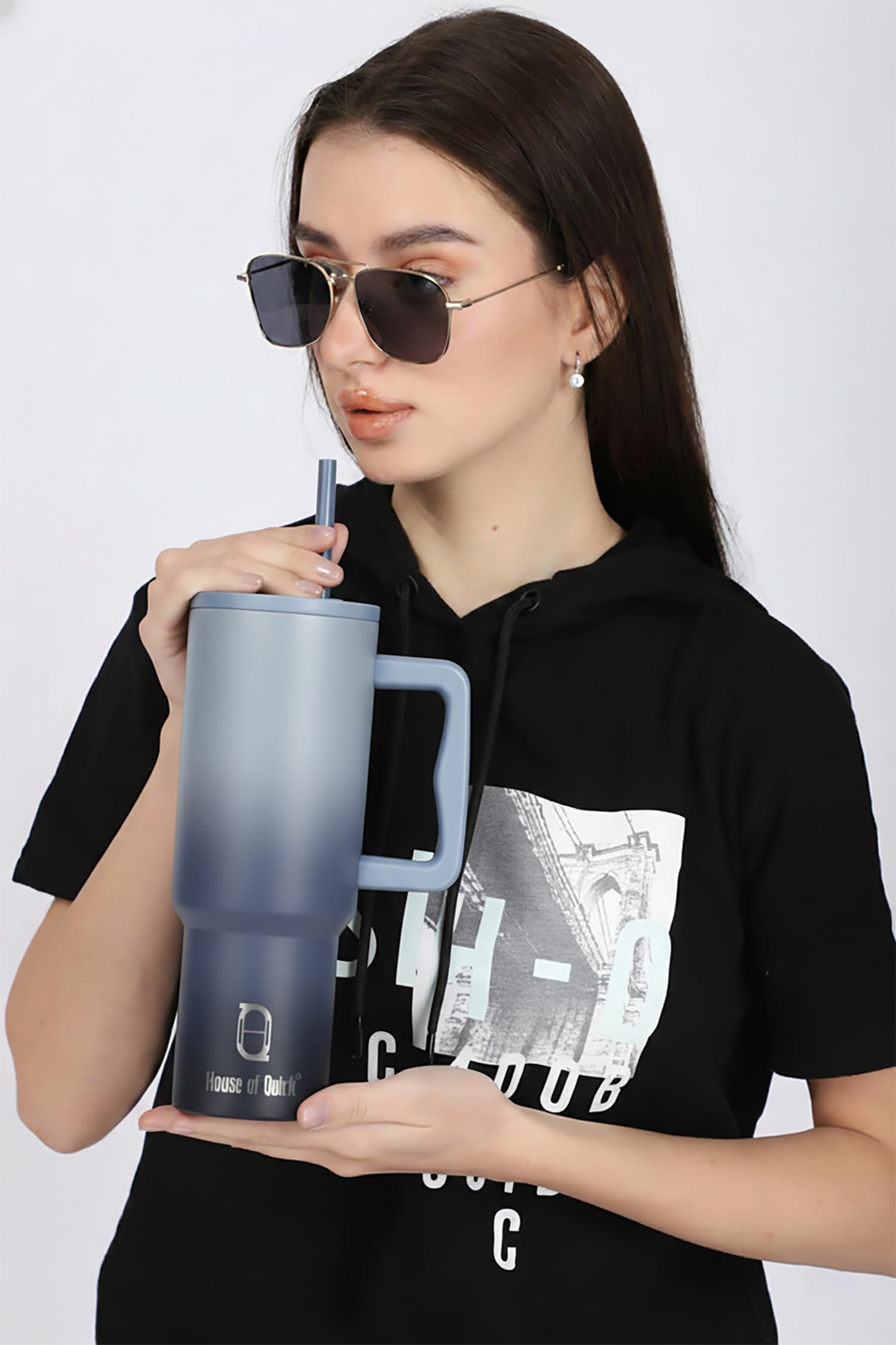 House of Quirk 1200ML Stainless Steel Tumbler with Handle & Lid, 2 Straws – Large Travel Mug Water Cup for Gym, Office & Outdoor Use (Misty Rose)