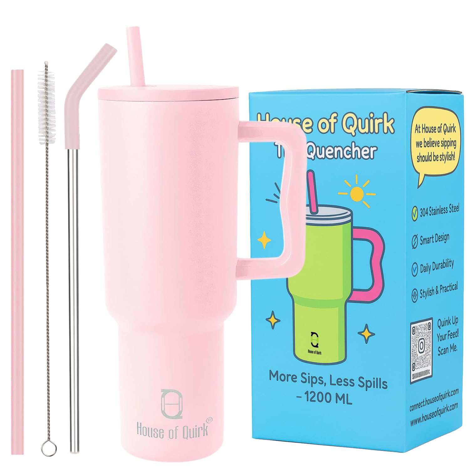 House of Quirk 1200ML Stainless Steel Tumbler with Handle & Lid, 2 Straws – Large Travel Mug Water Cup for Gym, Office & Outdoor Use (Misty Rose)