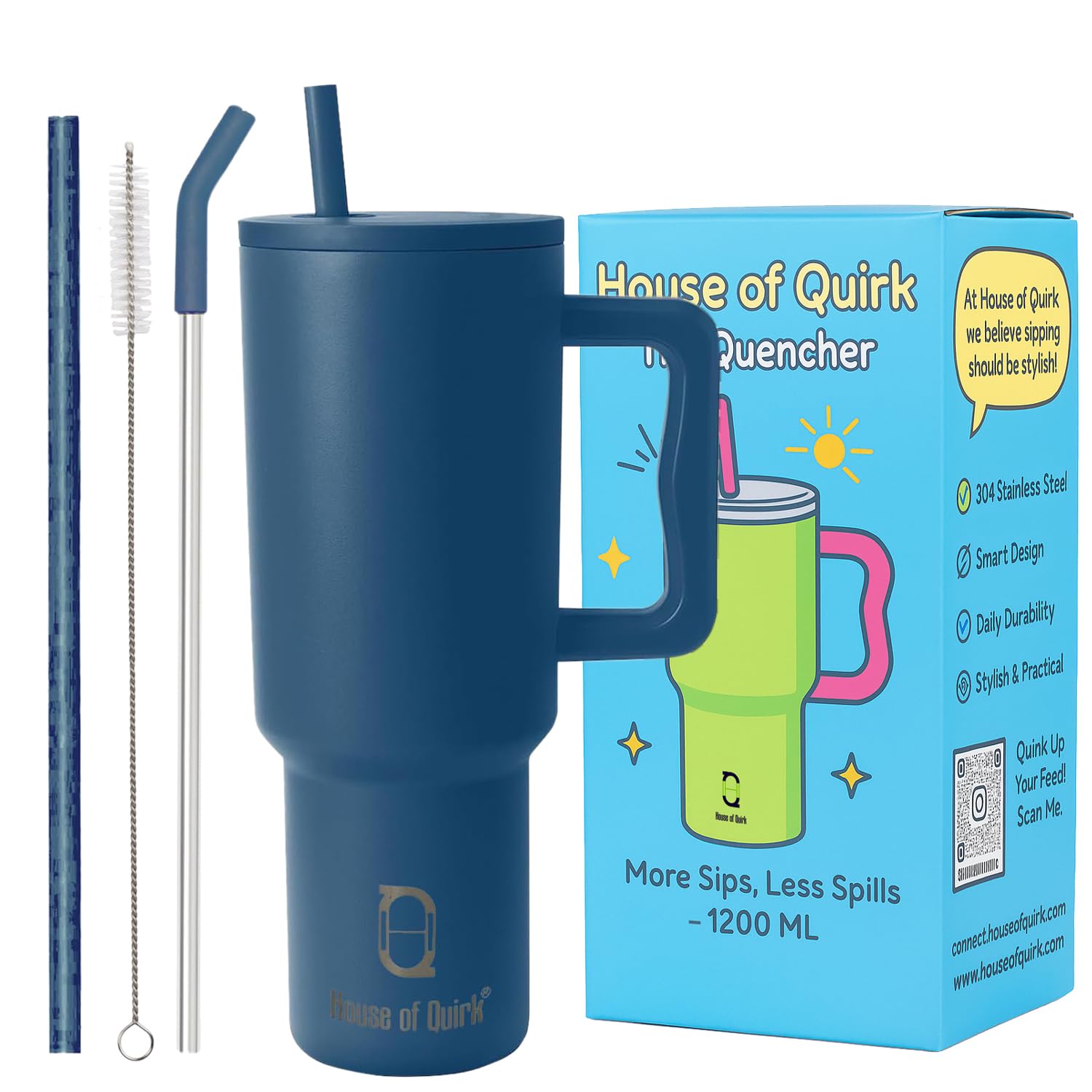 House of Quirk 1200ML Stainless Steel Tumbler with Handle & Lid, 2 Straws – Large Travel Mug Water Cup for Gym, Office & Outdoor Use (Misty Rose)