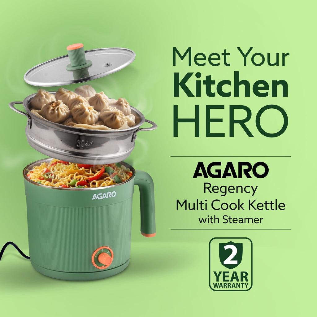 AGARO Regency Multi Cook Kettle With Steamer, 1.2L Inner Pot, Double Layered Body, Variable Temperature Settings, Wide Mouth, Boiling, Steaming, Tea, Coffee, Egg, Vegetable Boiling, 600W, Sea Green