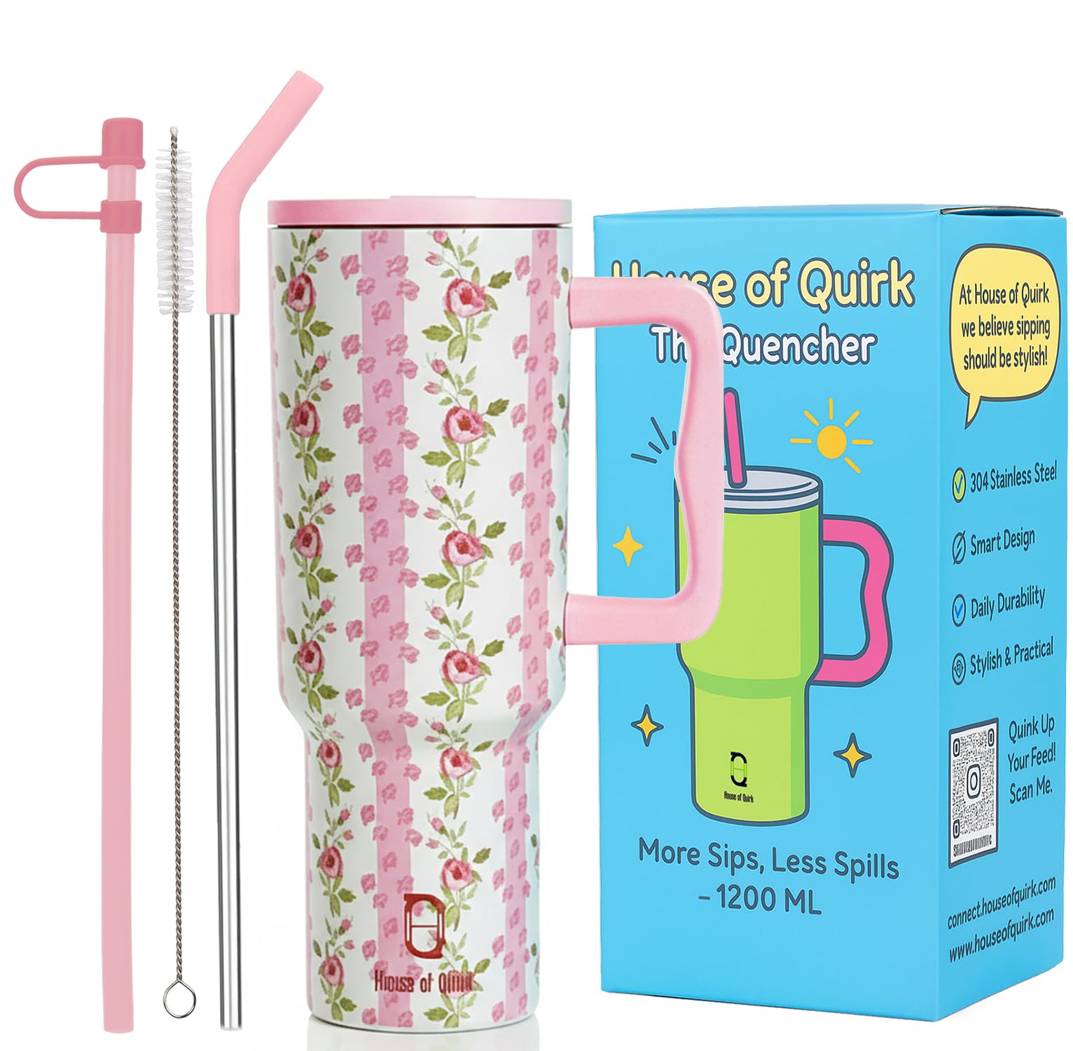 House of Quirk 1200ML Stainless Steel Tumbler with Handle & Lid, 2 Straws – Large Travel Mug Water Cup for Gym, Office & Outdoor Use (Misty Rose)