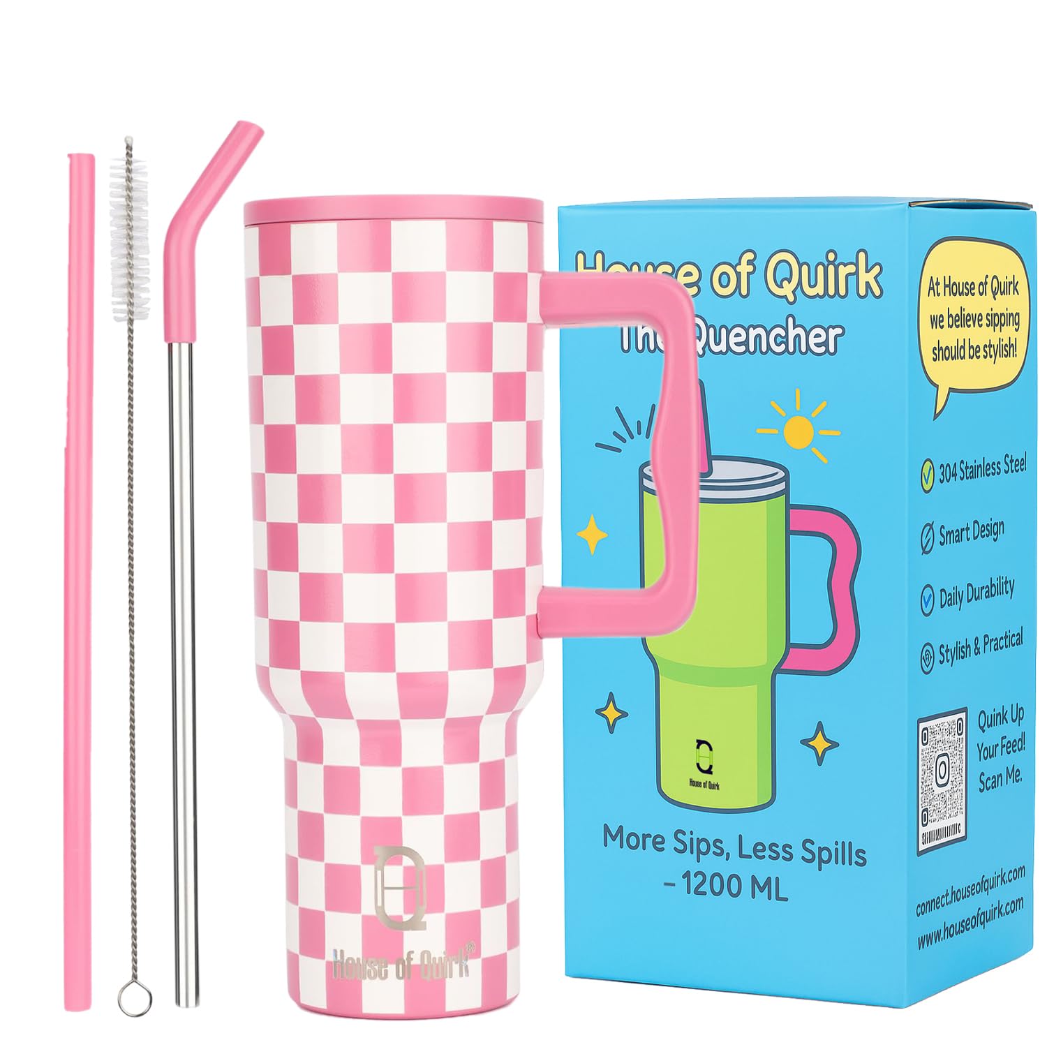 House of Quirk 1200ML Stainless Steel Tumbler with Handle & Lid, 2 Straws – Large Travel Mug Water Cup for Gym, Office & Outdoor Use (Misty Rose)