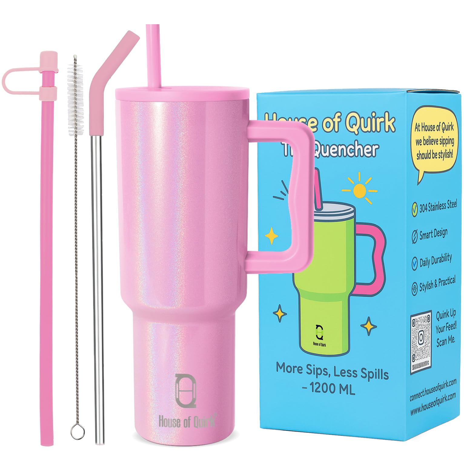 House of Quirk 1200ML Stainless Steel Tumbler with Handle & Lid, 2 Straws – Large Travel Mug Water Cup for Gym, Office & Outdoor Use (Misty Rose)