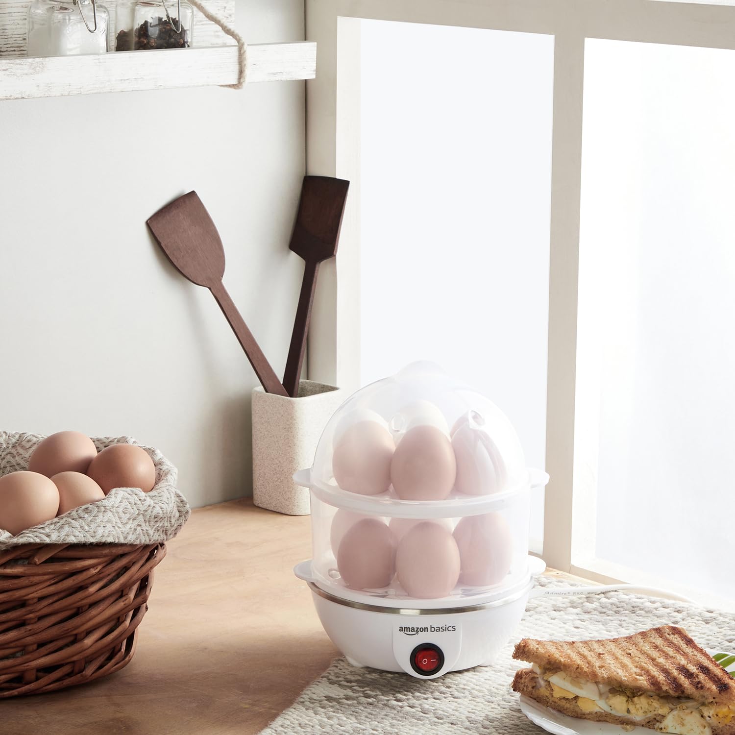 amazon basics Electric Egg Boiler | 350 Watt | Boils Upto 7 Eggs | Automatic Operation, 3 Boiling Modes | Overheat Protection | Stainless Steel Heating Plate, Measuring Cup | 75ml | Plastic | White