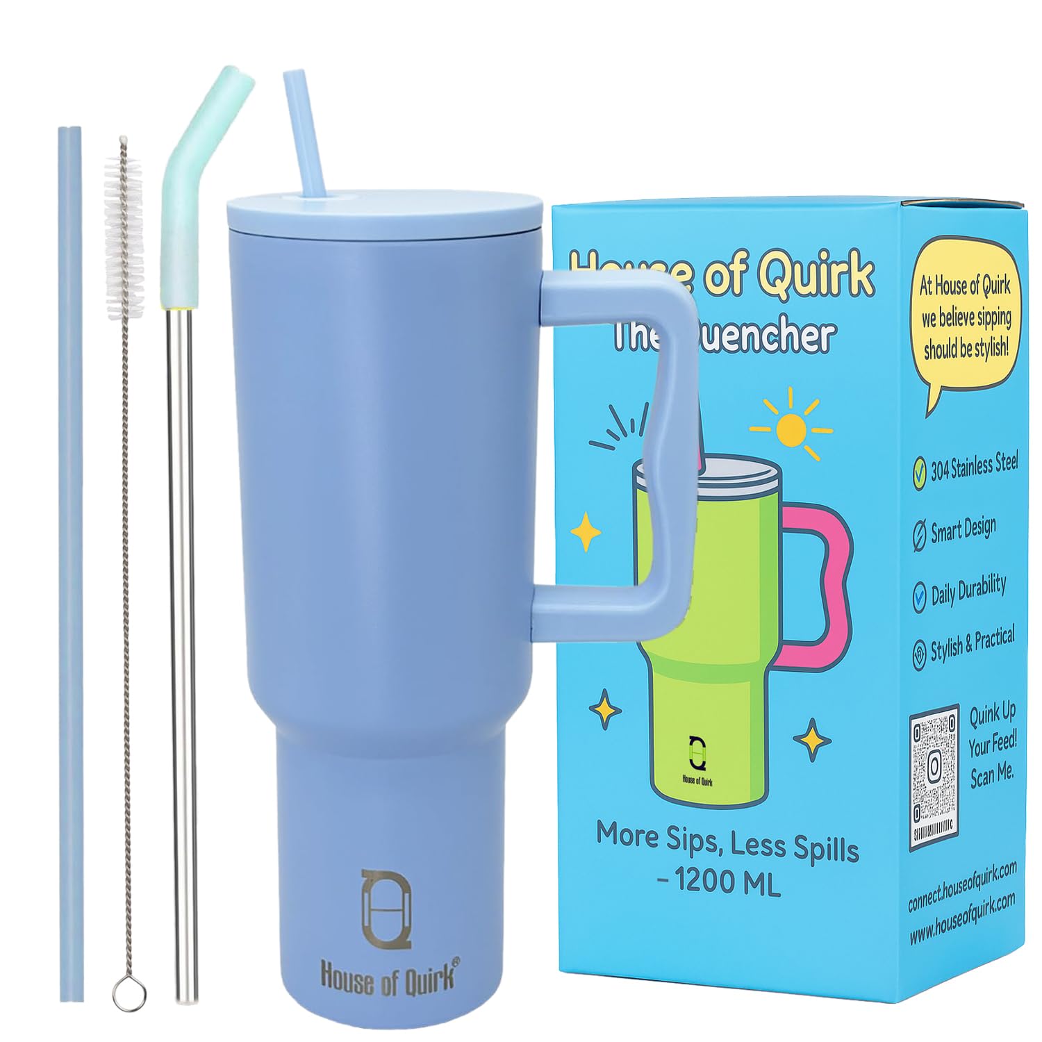 House of Quirk 1200ML Stainless Steel Tumbler with Handle & Lid, 2 Straws – Large Travel Mug Water Cup for Gym, Office & Outdoor Use (Misty Rose)