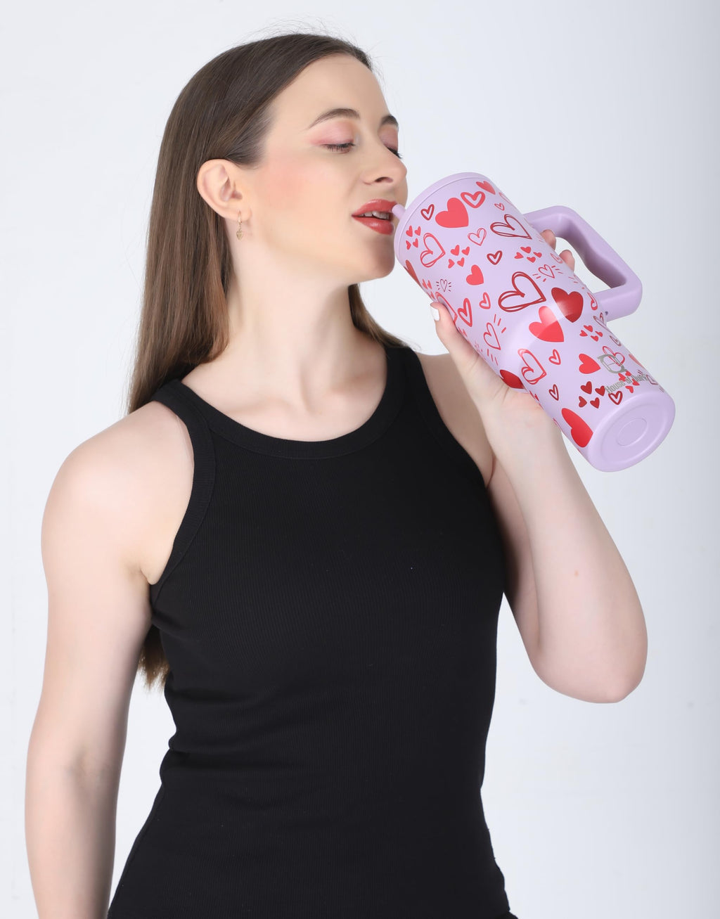 House of Quirk 1200ML Stainless Steel Tumbler with Handle & Lid, 2 Straws – Large Travel Mug Water Cup for Gym, Office & Outdoor Use (Misty Rose)