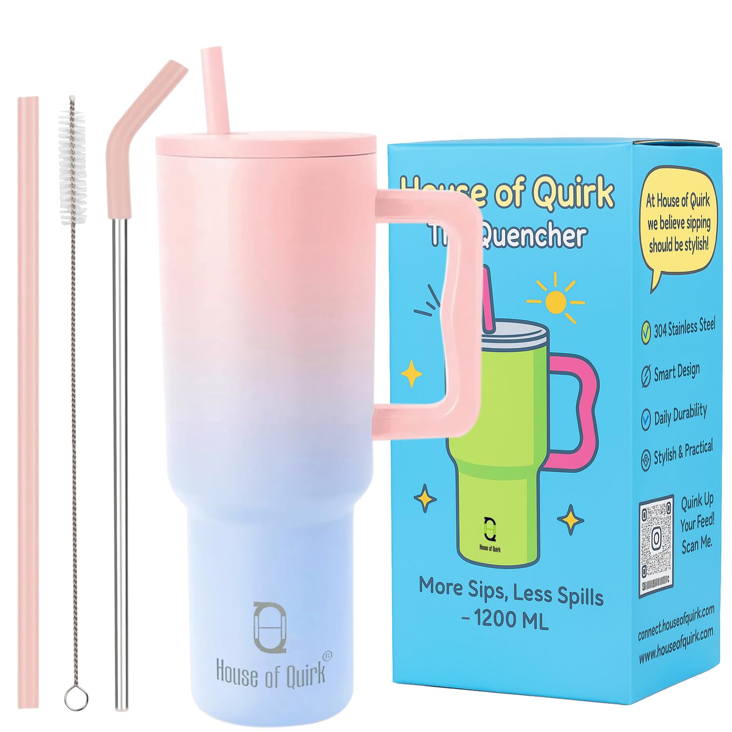House of Quirk 1200ML Stainless Steel Tumbler with Handle & Lid, 2 Straws – Large Travel Mug Water Cup for Gym, Office & Outdoor Use (Misty Rose)