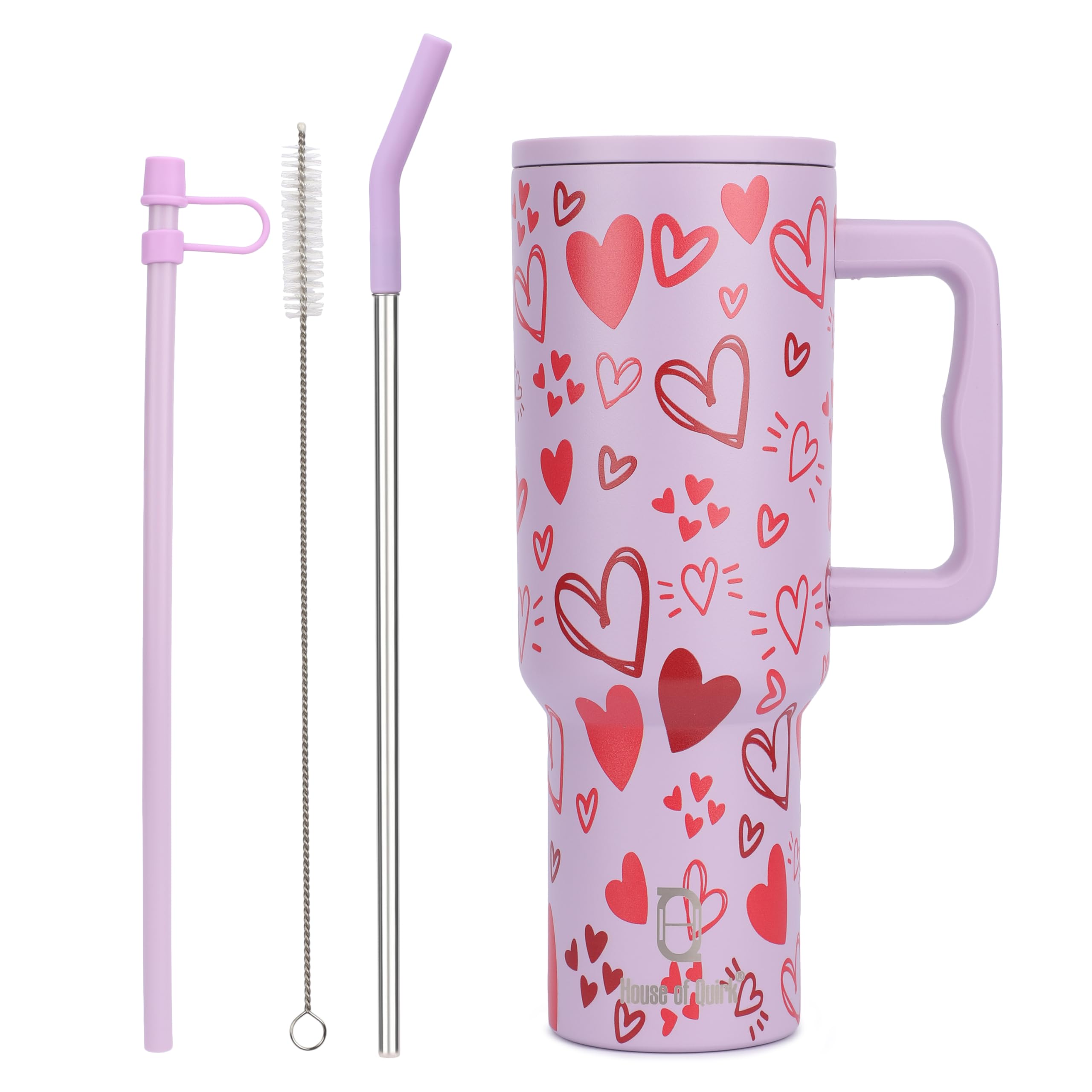 House of Quirk 1200ML Stainless Steel Tumbler with Handle & Lid, 2 Straws – Large Travel Mug Water Cup for Gym, Office & Outdoor Use (Misty Rose)