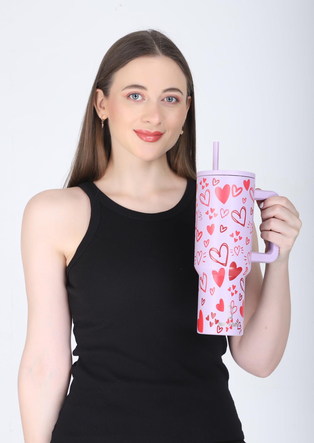 House of Quirk 1200ML Stainless Steel Tumbler with Handle & Lid, 2 Straws – Large Travel Mug Water Cup for Gym, Office & Outdoor Use (Misty Rose)