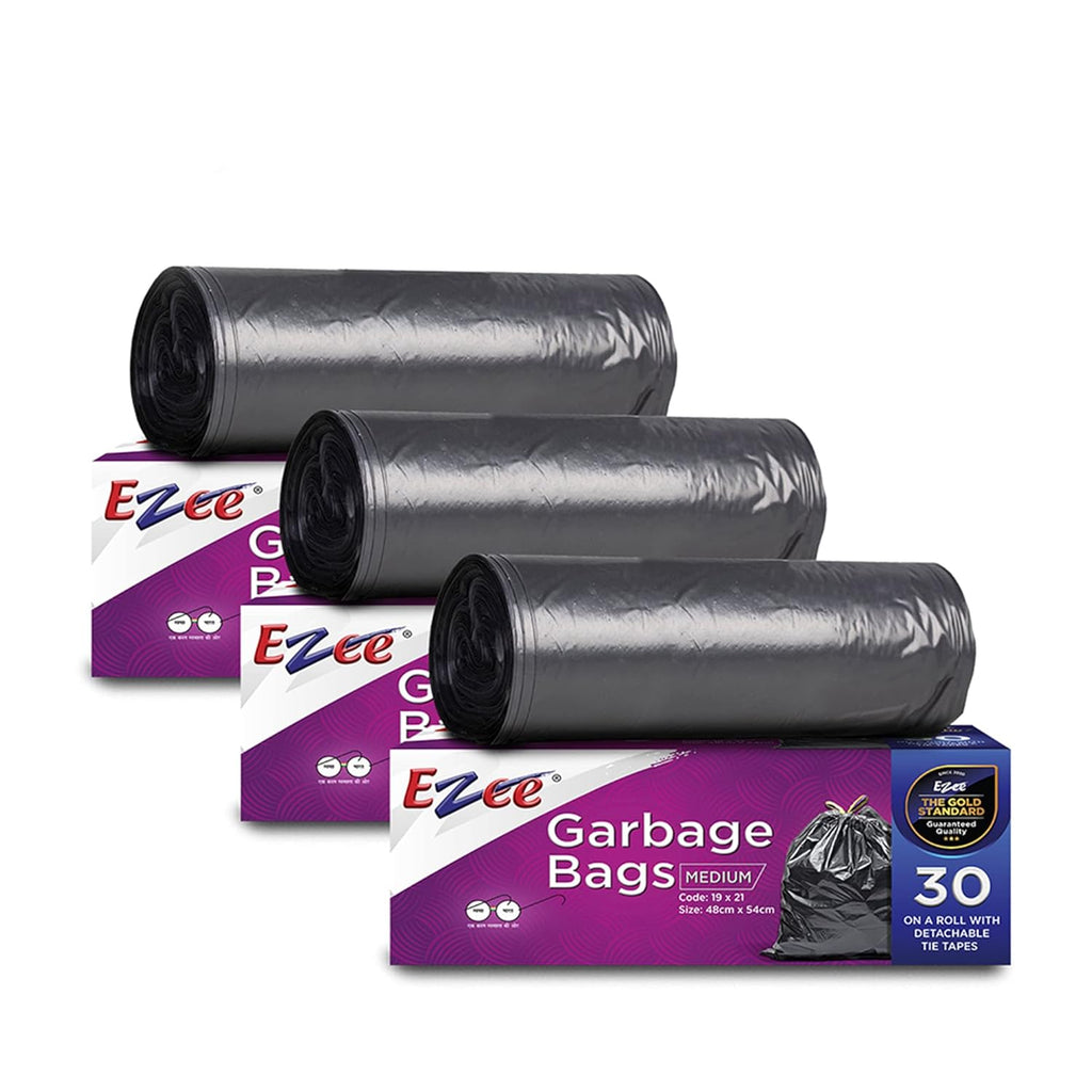 Ezee Live Life Ezee Way Plastic Black Garbage Bags for Dustbin|90 Pcs|Medium 19 X 21 Inches|30 Pcs X Pack of 3, 3 count