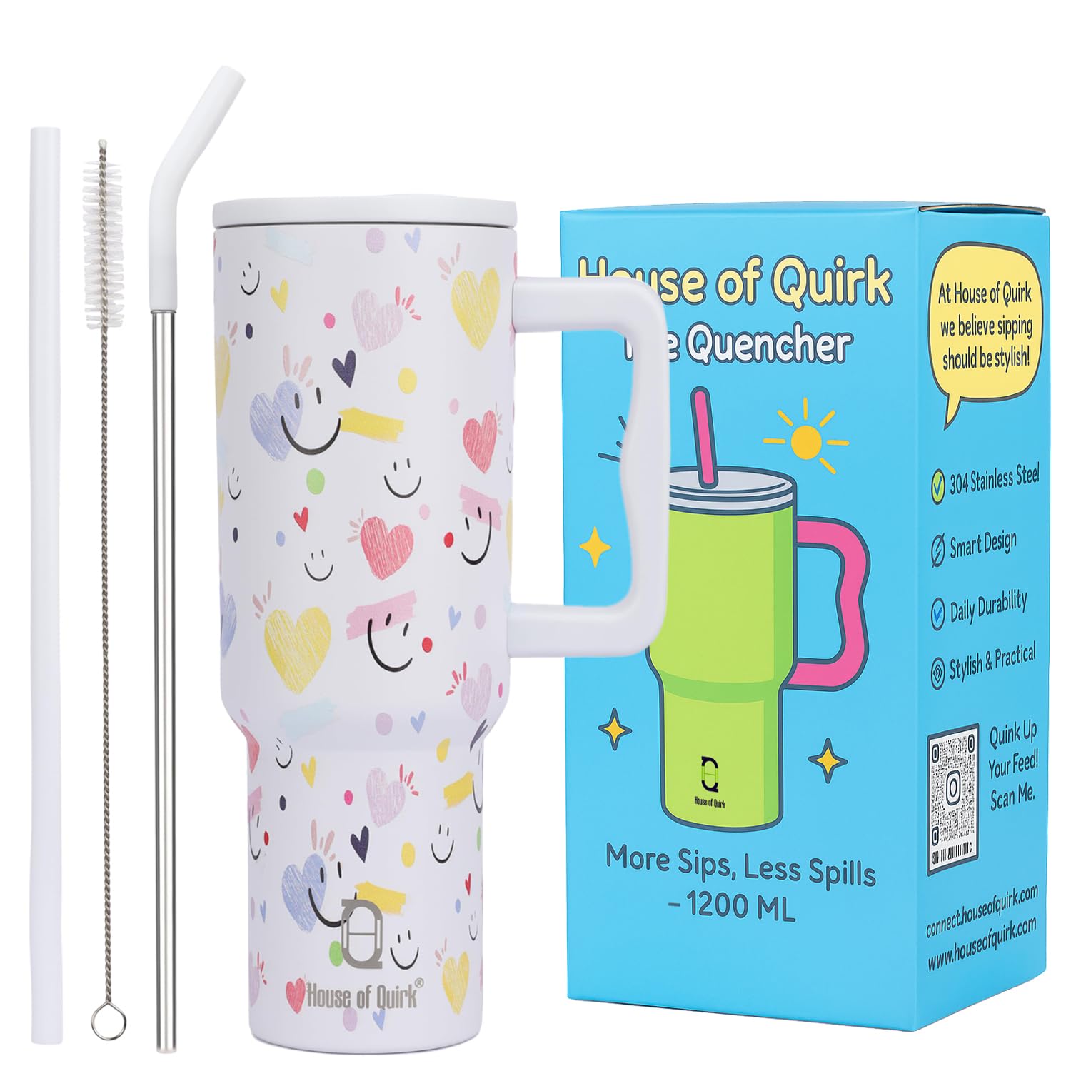 House of Quirk 1200ML Stainless Steel Tumbler with Handle & Lid, 2 Straws – Large Travel Mug Water Cup for Gym, Office & Outdoor Use (Misty Rose)