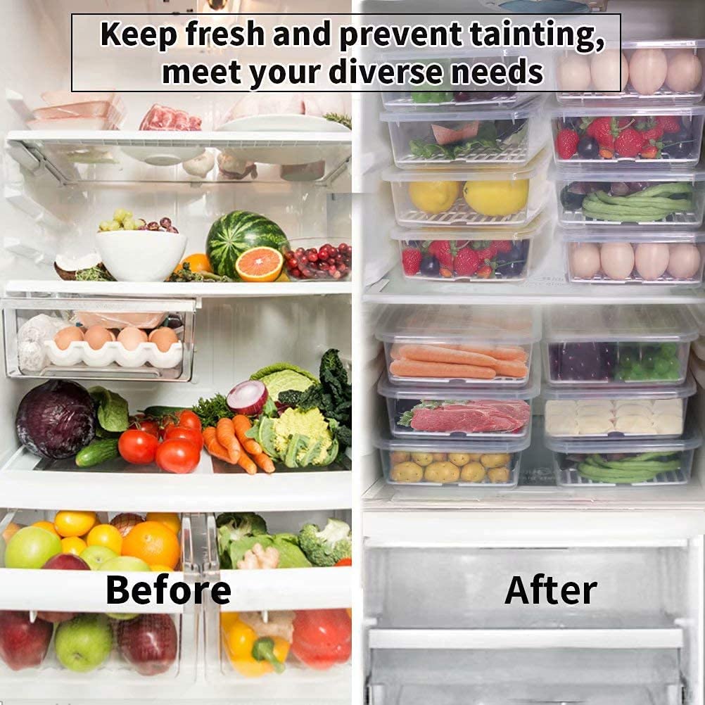 Fridge Storage Box -TEKCOOL (Pack of 6), Fridge Organiser Storage Boxes with Removable Drain Plate, Lids, Stackable Organizer, Fridge Storage Box Keep Fruits, Vegetables Fresher, 1500 ML