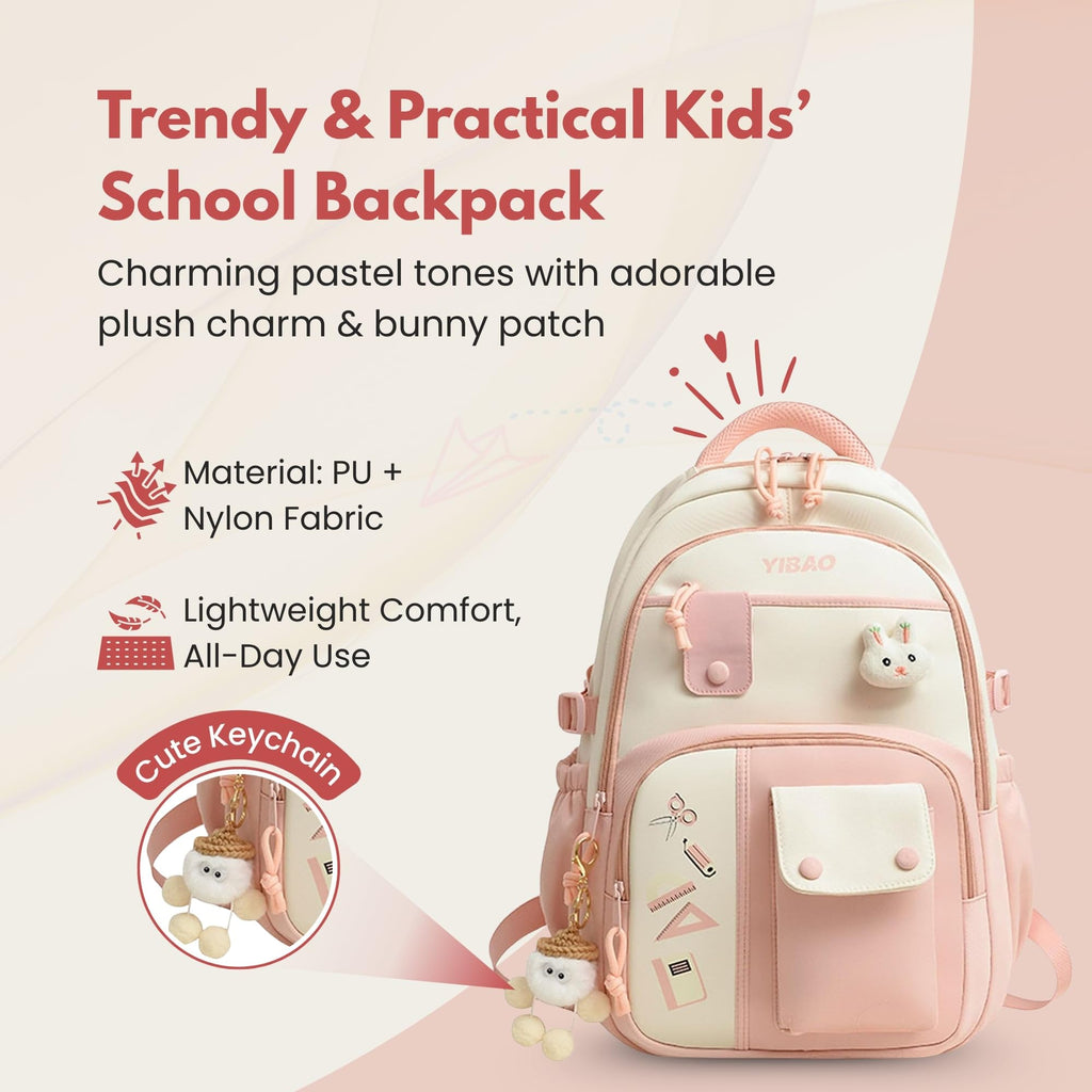 Cute School Backpack for Girls – Stylish Pink & White Large Capacity Bookbag with Plush Keychain, Multiple Pockets, Lightweight Travel & College Bag