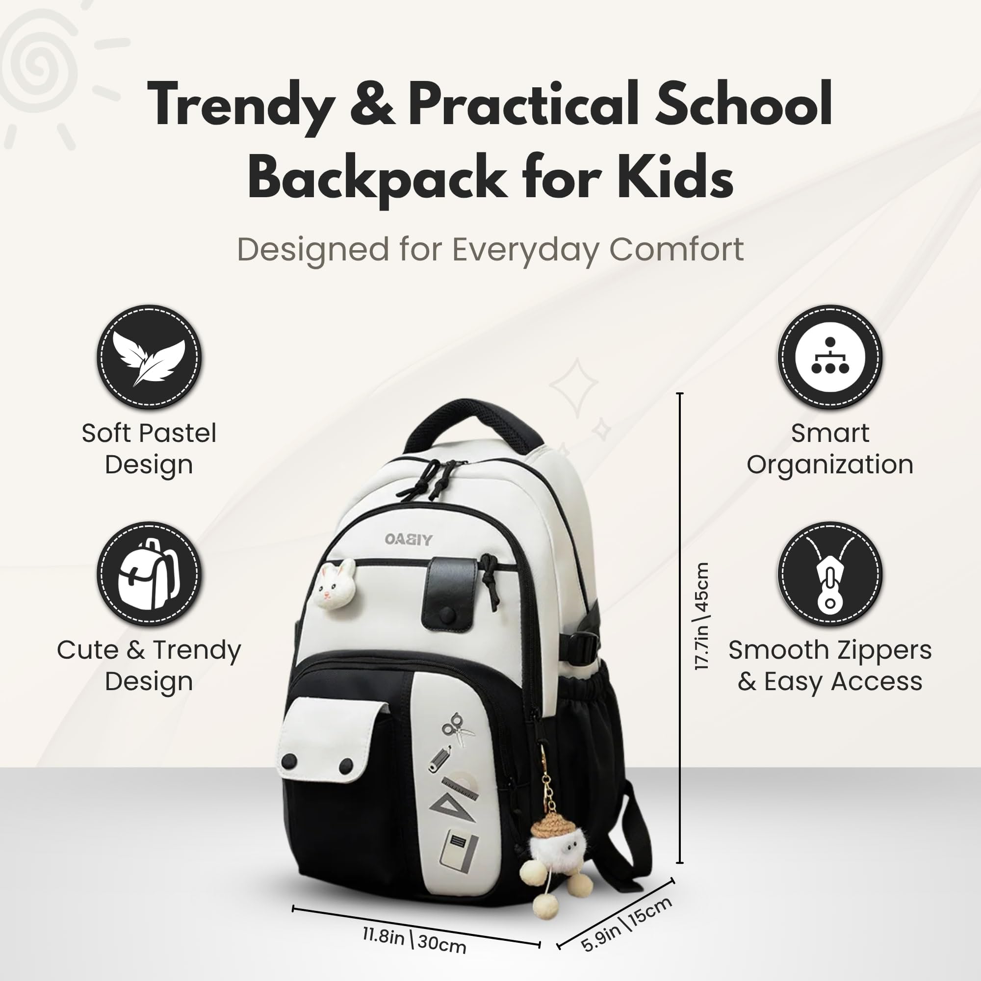 Cute School Backpack for Girls – Stylish Pink & White Large Capacity Bookbag with Plush Keychain, Multiple Pockets, Lightweight Travel & College Bag