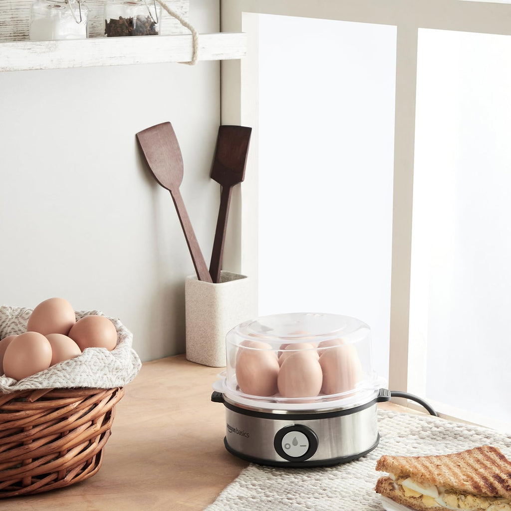 amazon basics Electric Egg Boiler | 350 Watt | Boils Upto 7 Eggs | Automatic Operation, 3 Boiling Modes | Overheat Protection | Stainless Steel Heating Plate, Measuring Cup | 75ml | Plastic | White