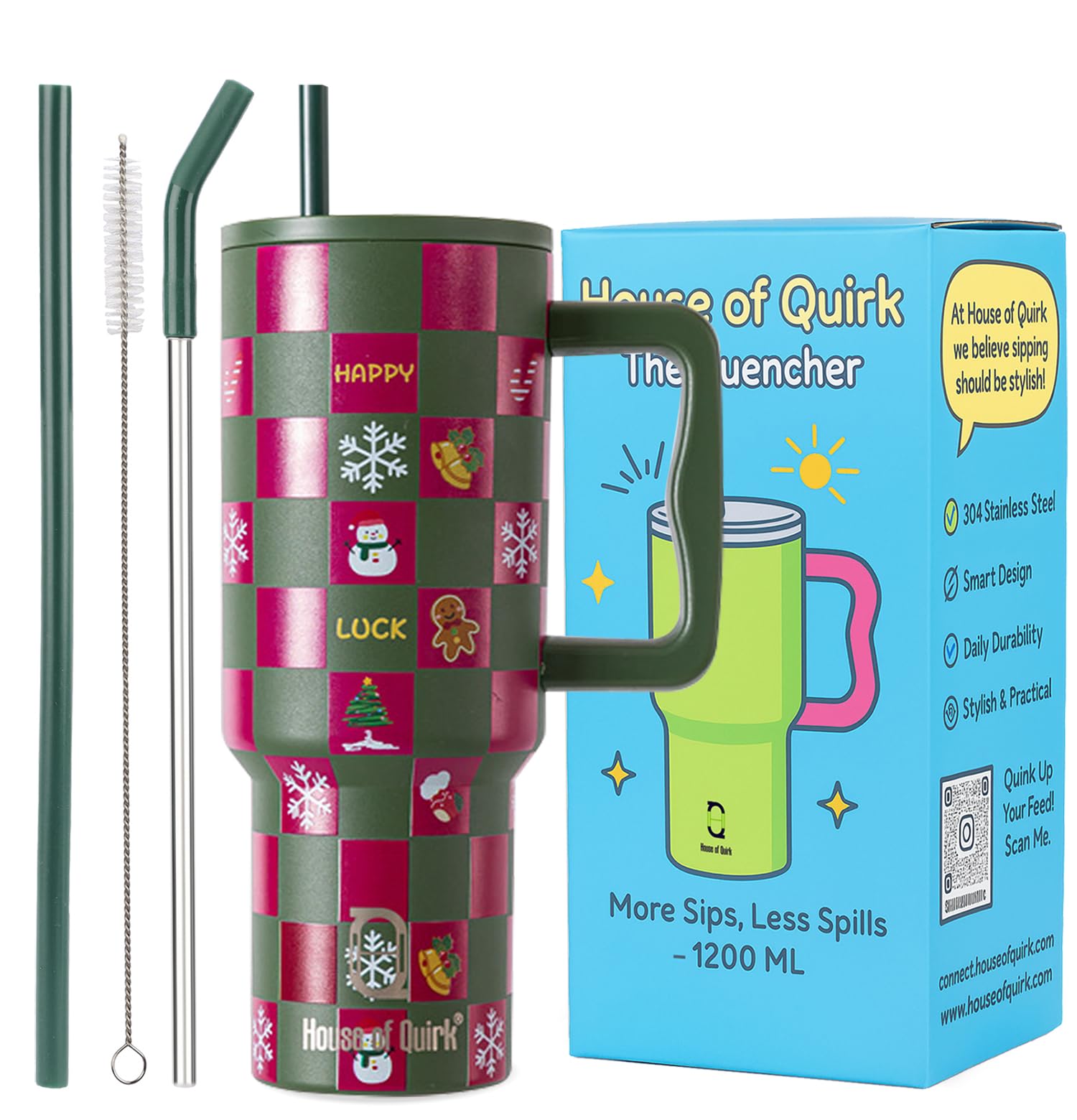 House of Quirk 1200ML Stainless Steel Tumbler with Handle & Lid, 2 Straws – Large Travel Mug Water Cup for Gym, Office & Outdoor Use (Misty Rose)