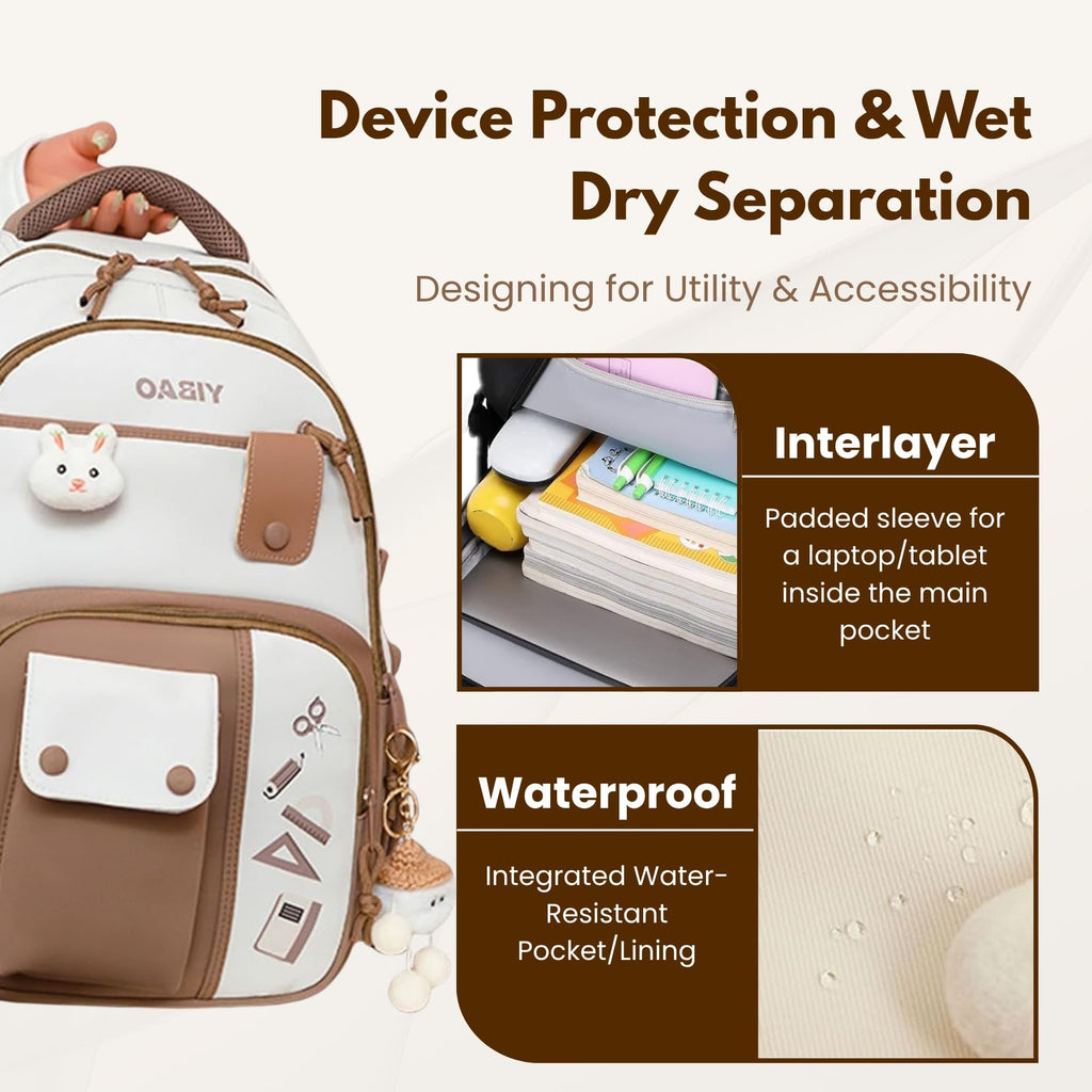 Cute School Backpack for Girls – Stylish Pink & White Large Capacity Bookbag with Plush Keychain, Multiple Pockets, Lightweight Travel & College Bag