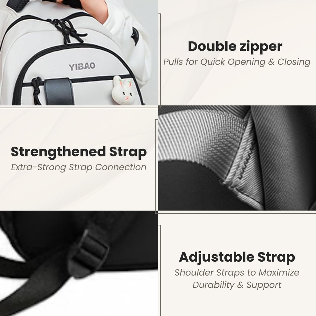 Cute School Backpack for Girls – Stylish Pink & White Large Capacity Bookbag with Plush Keychain, Multiple Pockets, Lightweight Travel & College Bag