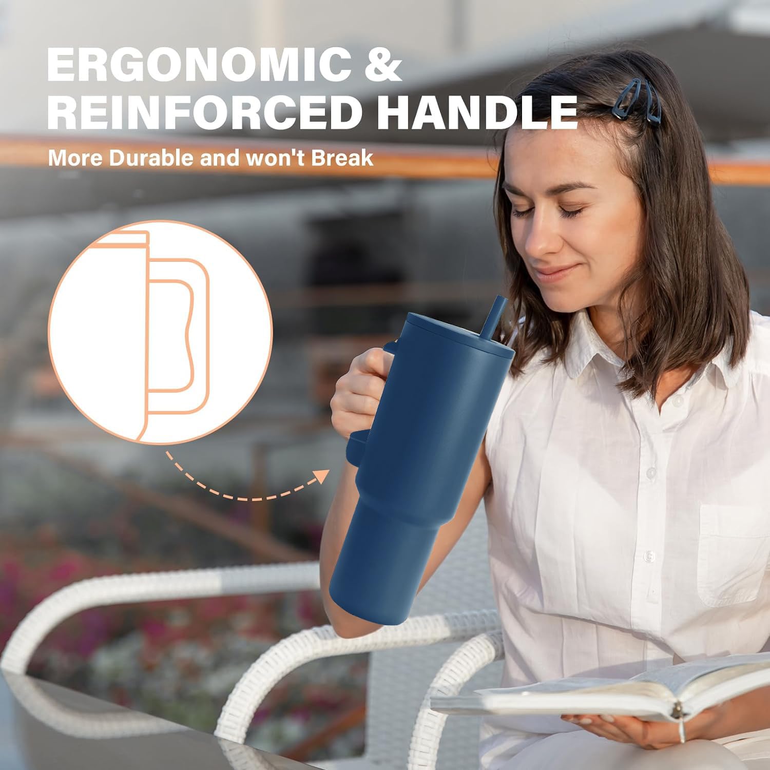 House of Quirk 1200ML Stainless Steel Tumbler with Handle & Lid, 2 Straws – Large Travel Mug Water Cup for Gym, Office & Outdoor Use (Misty Rose)