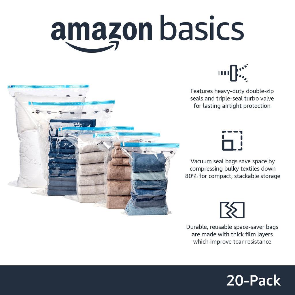 amazon basics Vacuum Compression Storage Bags with Hand Pump - Medium, 5-Pack