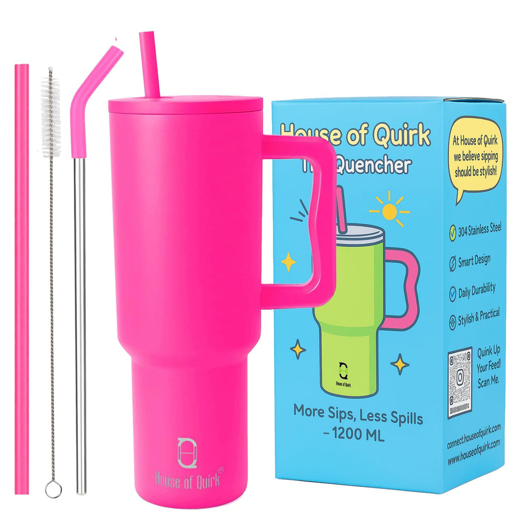 House of Quirk 1200ML Stainless Steel Tumbler with Handle & Lid, 2 Straws – Large Travel Mug Water Cup for Gym, Office & Outdoor Use (Misty Rose)