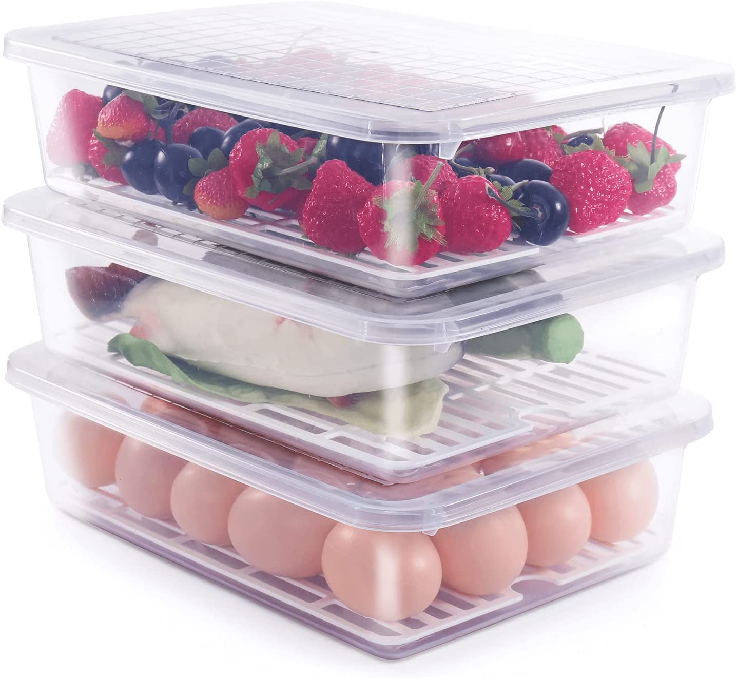 Fridge Storage Box -TEKCOOL (Pack of 6), Fridge Organiser Storage Boxes with Removable Drain Plate, Lids, Stackable Organizer, Fridge Storage Box Keep Fruits, Vegetables Fresher, 1500 ML