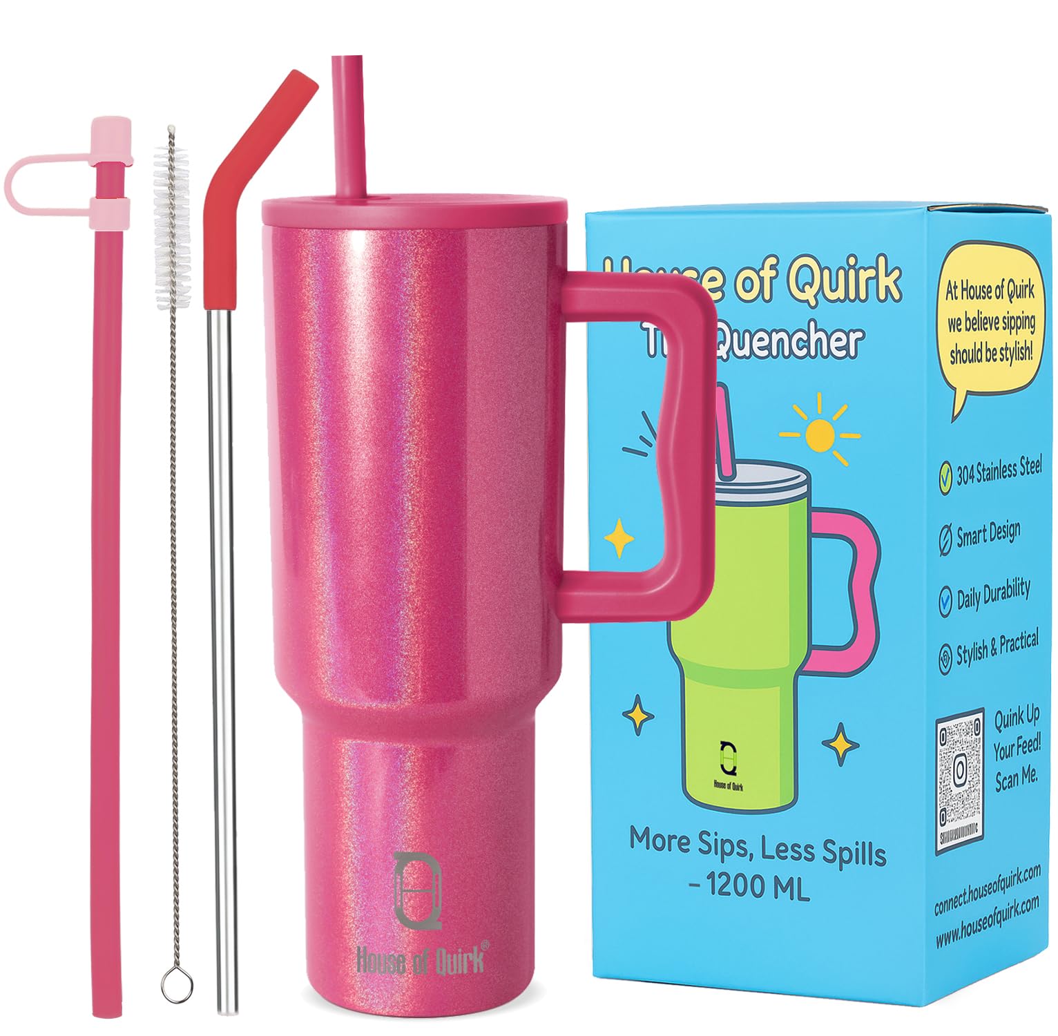 House of Quirk 1200ML Stainless Steel Tumbler with Handle & Lid, 2 Straws – Large Travel Mug Water Cup for Gym, Office & Outdoor Use (Misty Rose)