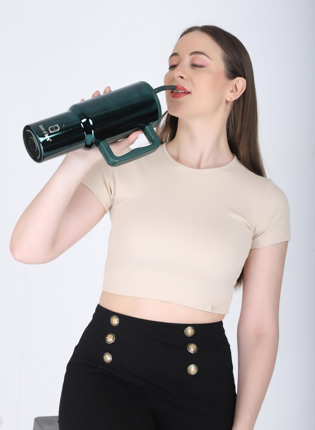 House of Quirk 1200ML Stainless Steel Tumbler with Handle & Lid, 2 Straws – Large Travel Mug Water Cup for Gym, Office & Outdoor Use (Misty Rose)