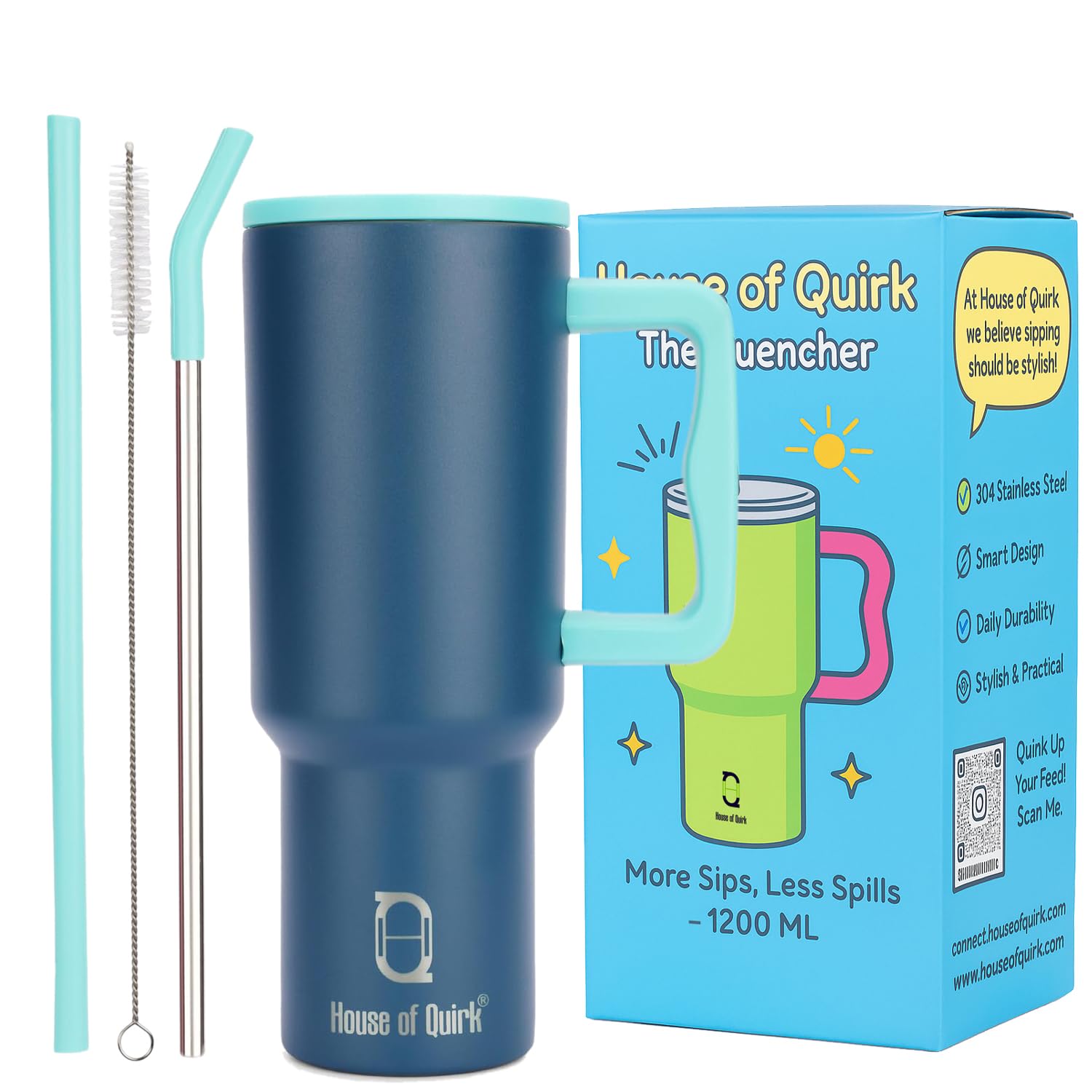 House of Quirk 1200ML Stainless Steel Tumbler with Handle & Lid, 2 Straws – Large Travel Mug Water Cup for Gym, Office & Outdoor Use (Misty Rose)