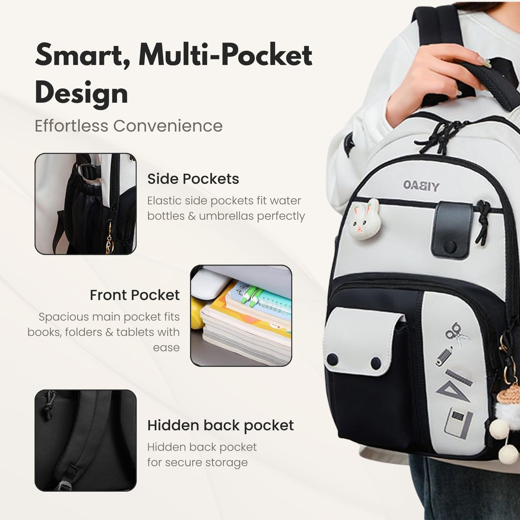 Cute School Backpack for Girls – Stylish Pink & White Large Capacity Bookbag with Plush Keychain, Multiple Pockets, Lightweight Travel & College Bag