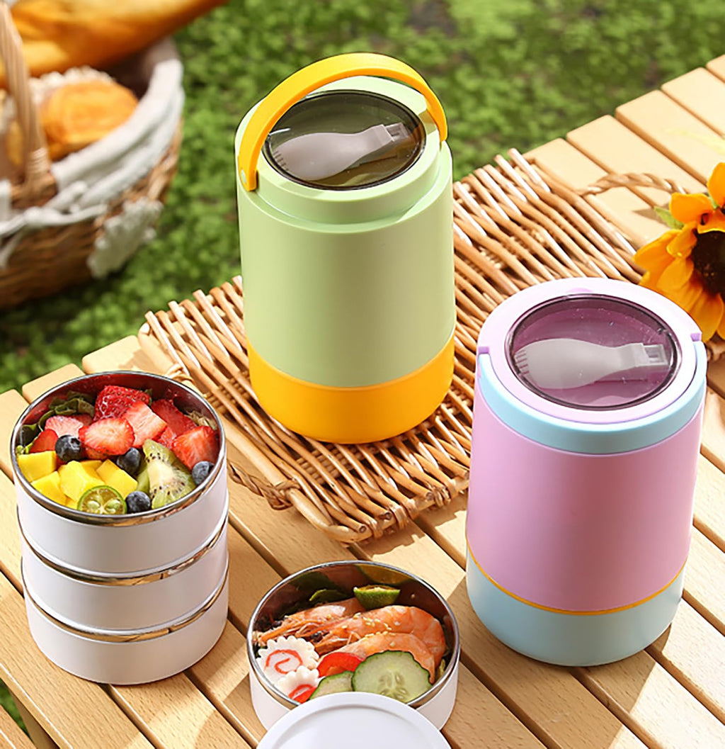 House of Quirk 304 Stainless Steel Lunch Box - 900ml Three-Layer Portable Bento Box with Lid for Office Workers & Students (Green/Yellow)