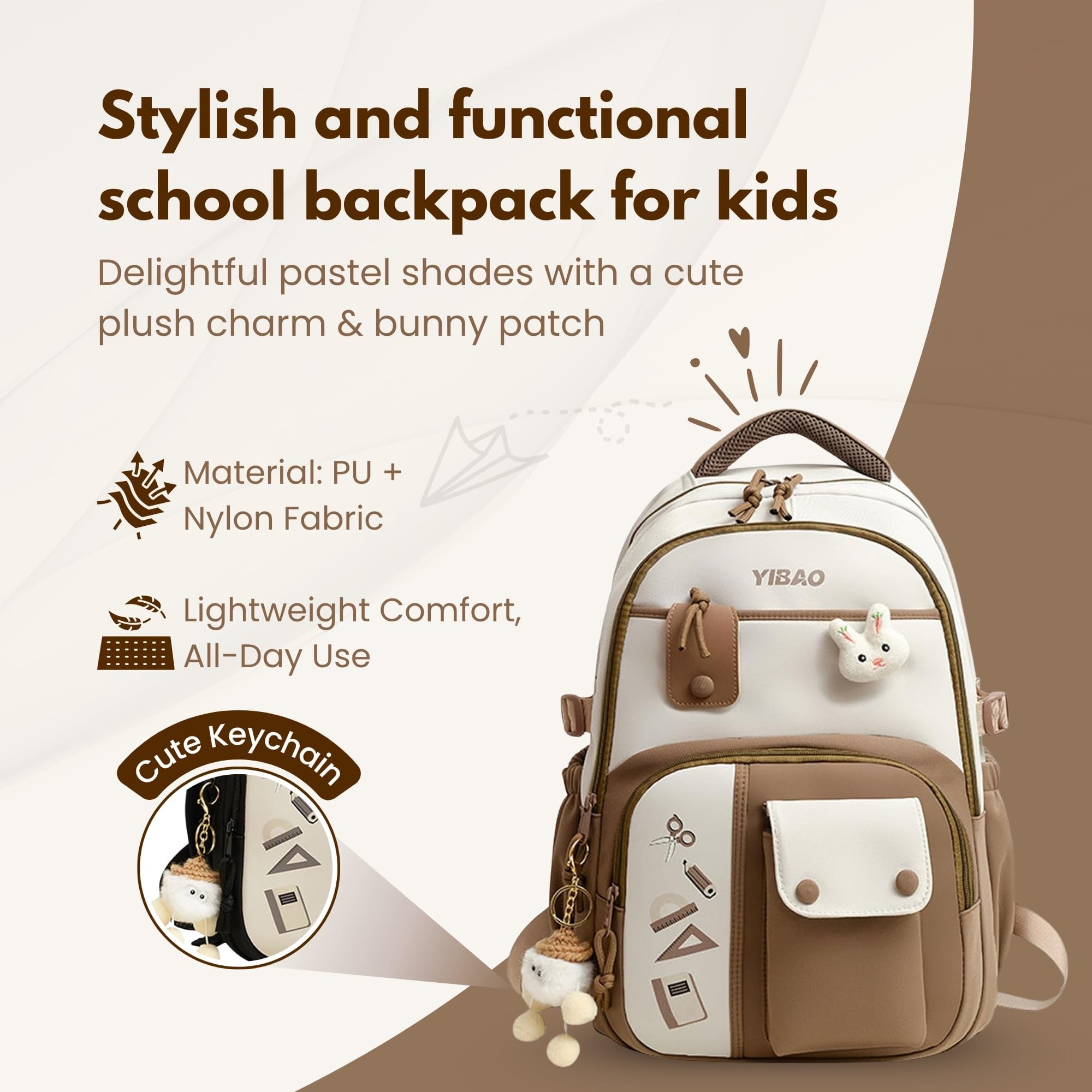 Cute School Backpack for Girls – Stylish Pink & White Large Capacity Bookbag with Plush Keychain, Multiple Pockets, Lightweight Travel & College Bag