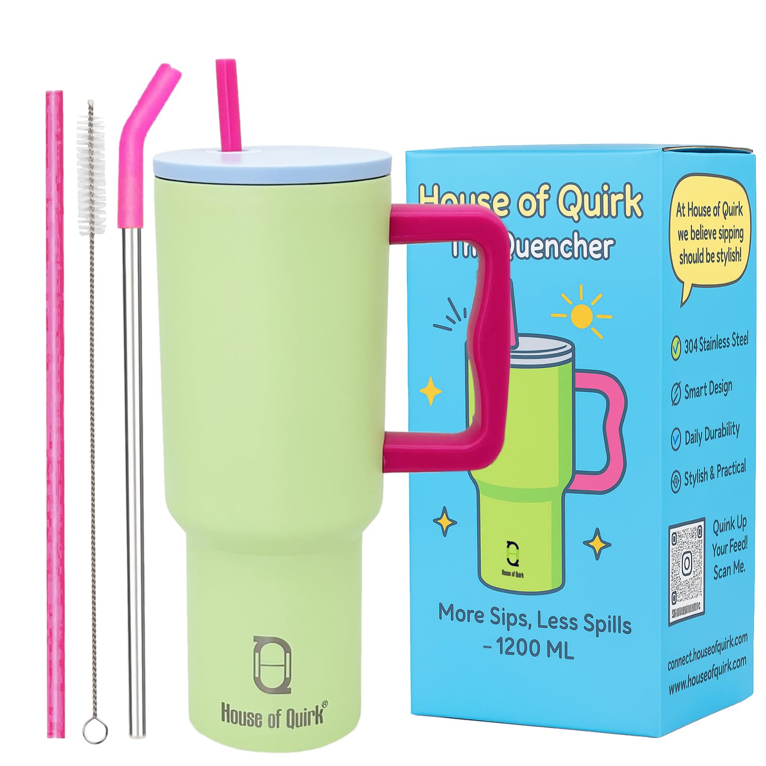 House of Quirk 1200ML Stainless Steel Tumbler with Handle & Lid, 2 Straws – Large Travel Mug Water Cup for Gym, Office & Outdoor Use (Misty Rose)