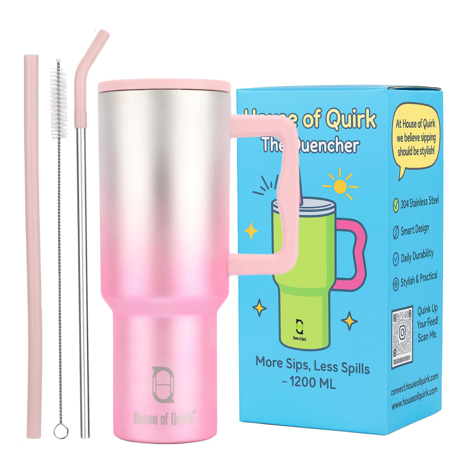 House of Quirk 1200ML Stainless Steel Tumbler with Handle & Lid, 2 Straws – Large Travel Mug Water Cup for Gym, Office & Outdoor Use (Misty Rose)