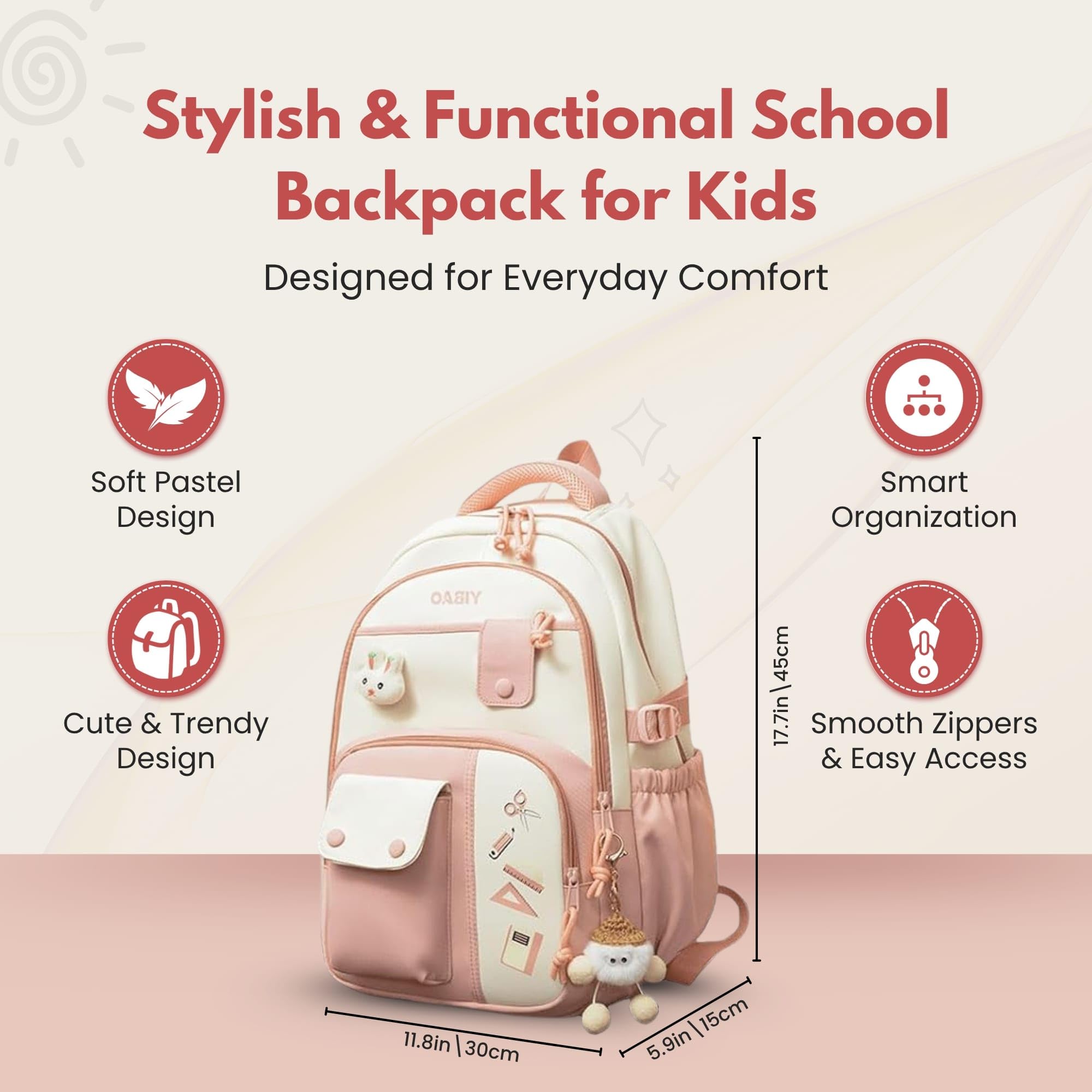 Cute School Backpack for Girls – Stylish Pink & White Large Capacity Bookbag with Plush Keychain, Multiple Pockets, Lightweight Travel & College Bag