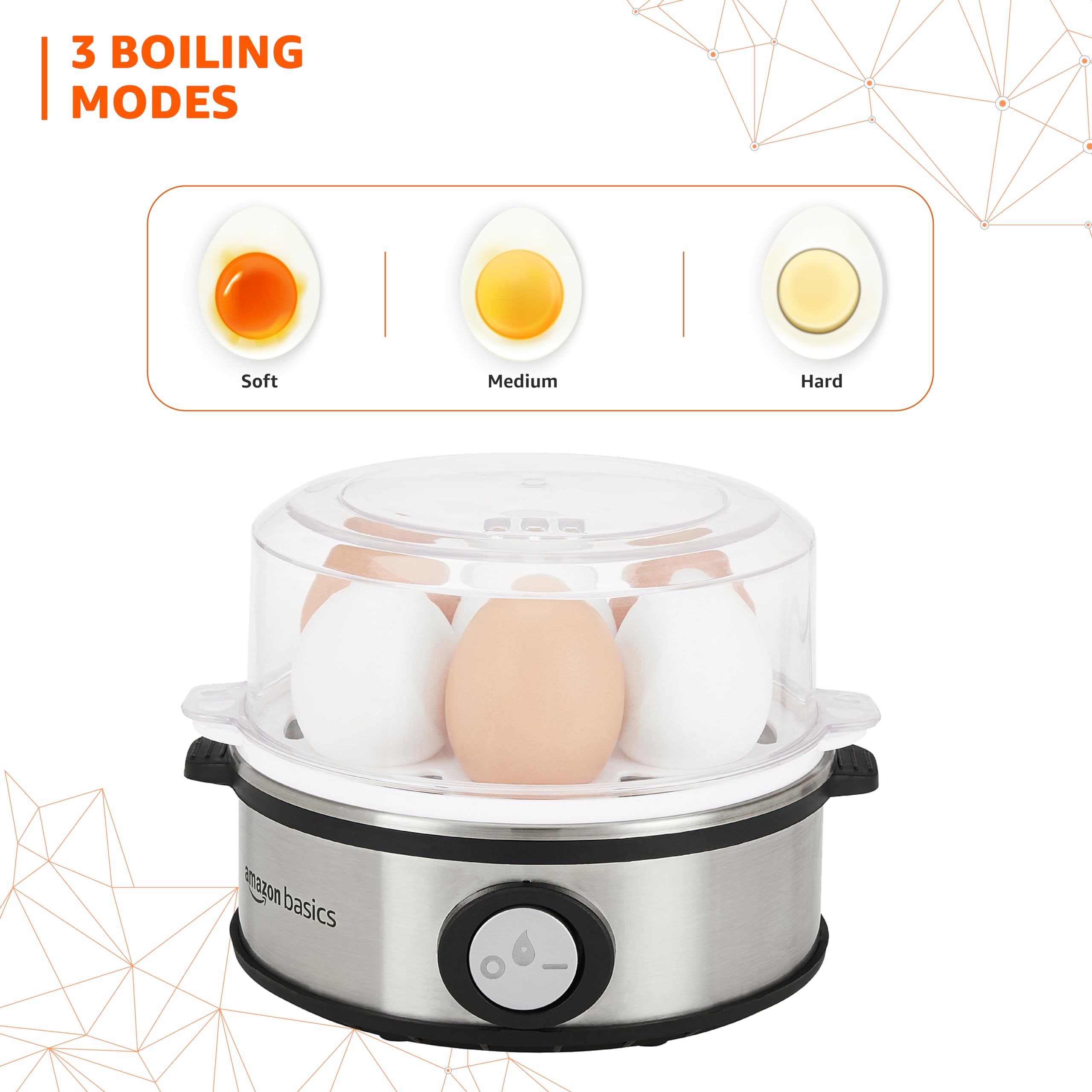 amazon basics Electric Egg Boiler | 350 Watt | Boils Upto 7 Eggs | Automatic Operation, 3 Boiling Modes | Overheat Protection | Stainless Steel Heating Plate, Measuring Cup | 75ml | Plastic | White