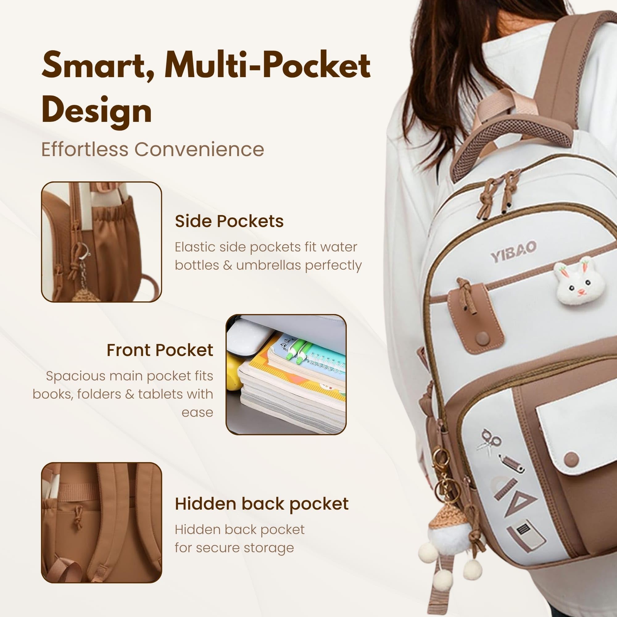 Cute School Backpack for Girls – Stylish Pink & White Large Capacity Bookbag with Plush Keychain, Multiple Pockets, Lightweight Travel & College Bag